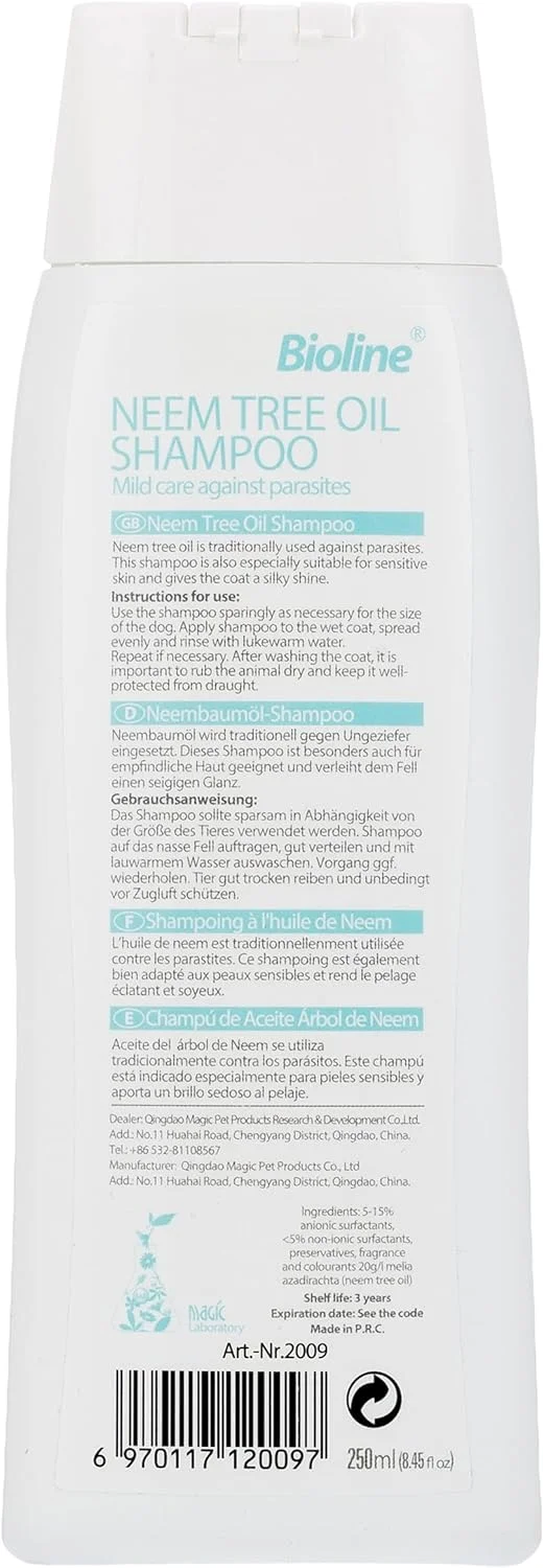 شامپو روغن درخت چریش Bioline برای سگ ها 250 میلی لیتر، مراقبت ملایم در برابر انگل ها در سگ شامپو روغن درخت چریش Bioline برای سگ ها 250 میلی لیتر، مراقبت ملایم در برابر انگل ها در سگ