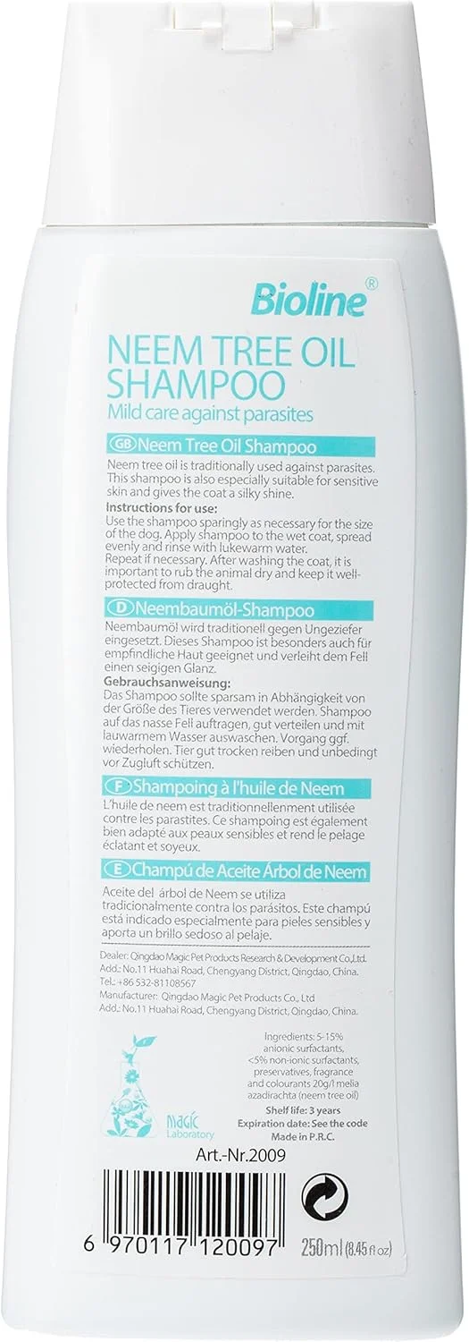 شامپو روغن درخت چریش Bioline برای سگ ها 250 میلی لیتر، مراقبت ملایم در برابر انگل ها در سگ شامپو روغن درخت چریش Bioline برای سگ ها 250 میلی لیتر، مراقبت ملایم در برابر انگل ها در سگ