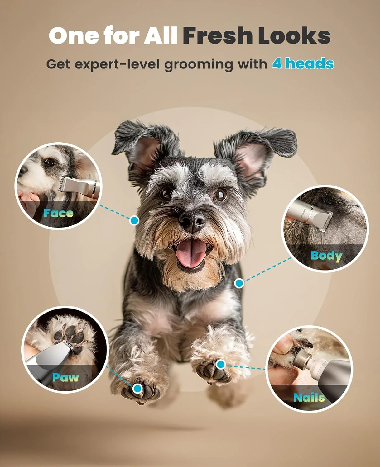ست پیرایش سگ oneisall 4 در 1 با نمایشگر LCD، ماشین اصلاح موی سگ برای پنجه و ناخن، ماشین اصلاح شارژی 2000 میلی آمپر ساعتی حیوانات خانگی