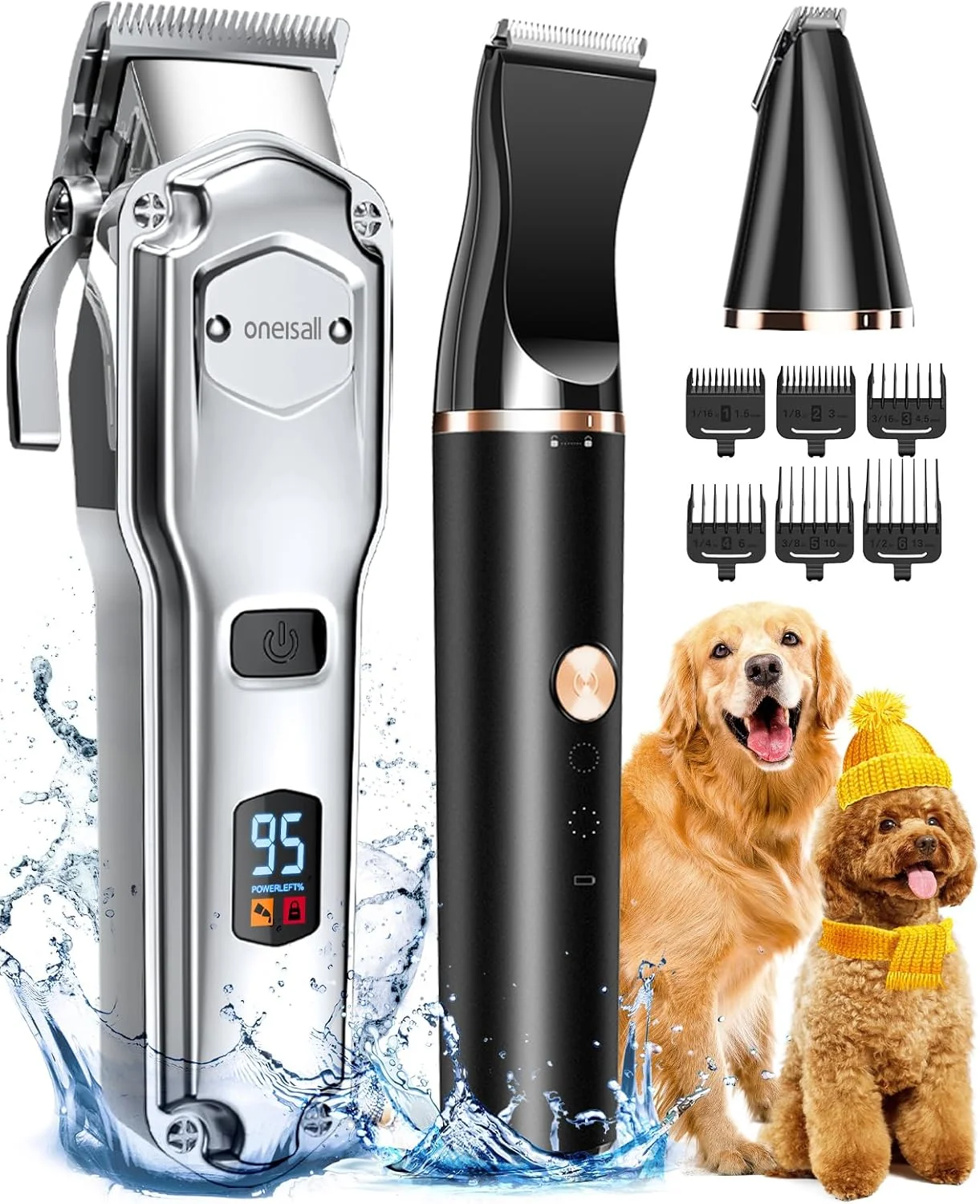 ست ماشین اصلاح سگ و پنجه زن 3 در 1 Oneisall، ماشین اصلاح مو ضد آب IPX7 برای سگ ها و گربه ها با خز ضخیم