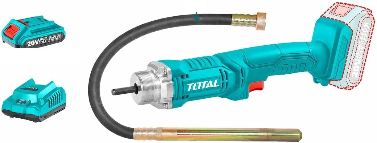 ویبراتور بتن شارژی سوپر-توتال 20 ولت – پوکر 35 میلی‌متری در 1200 میلی‌متر به همراه باتری 2.0 آمپر ساعتی و شارژر سریع – ابزار قابل حمل برای تراکم بتن، فونداسیون و کارهای دال