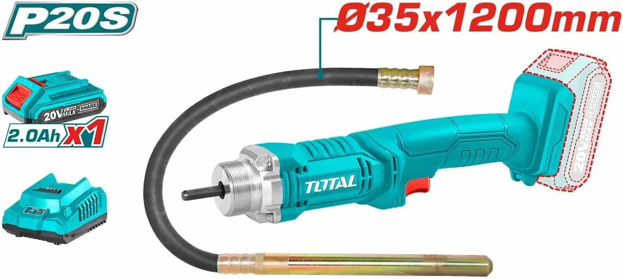 ویبراتور بتن شارژی سوپر-توتال 20 ولت – پوکر 35 میلیمتری در 1200 میلیمتر به همراه باتری 2.0 آمپر ساعتی و شارژر سریع – ابزار قابل حمل برای تراکم بتن، فونداسیون و کارهای دال ویبراتور بتن شارژی سوپر-توتال 20 ولت – پوکر 35 میلیمتری در 1200 میلیمتر به همراه باتری 2.0 آمپر ساعتی و شارژر سریع – ابزار قابل حمل برای تراکم بتن، فونداسیون و کارهای دال