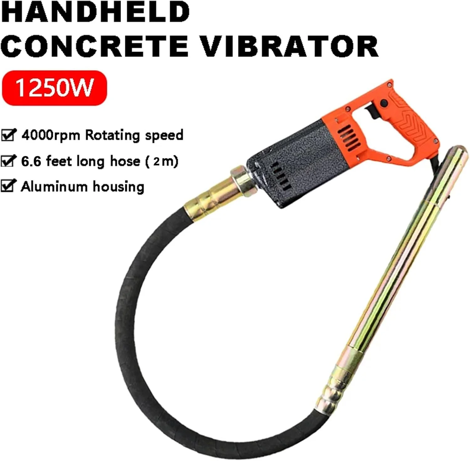 ویبراتور بتن دستی SUZLAZYR، ابزار ویبره بتن برقی 1300 وات با شفت/میله 2 متری، 4000 دور در دقیقه، برای ساخت و ساز، حذف حباب هوا و مخلوط کردن بتن