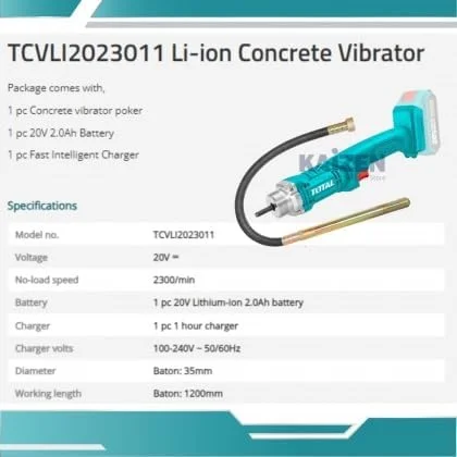 ویبراتور بتن شارژی سوپر-توتال 20 ولت – پوکر 35 میلیمتری در 1200 میلیمتر به همراه باتری 2.0 آمپر ساعتی و شارژر سریع – ابزار قابل حمل برای تراکم بتن، فونداسیون و کارهای دال ویبراتور بتن شارژی سوپر-توتال 20 ولت – پوکر 35 میلیمتری در 1200 میلیمتر به همراه باتری 2.0 آمپر ساعتی و شارژر سریع – ابزار قابل حمل برای تراکم بتن، فونداسیون و کارهای دال