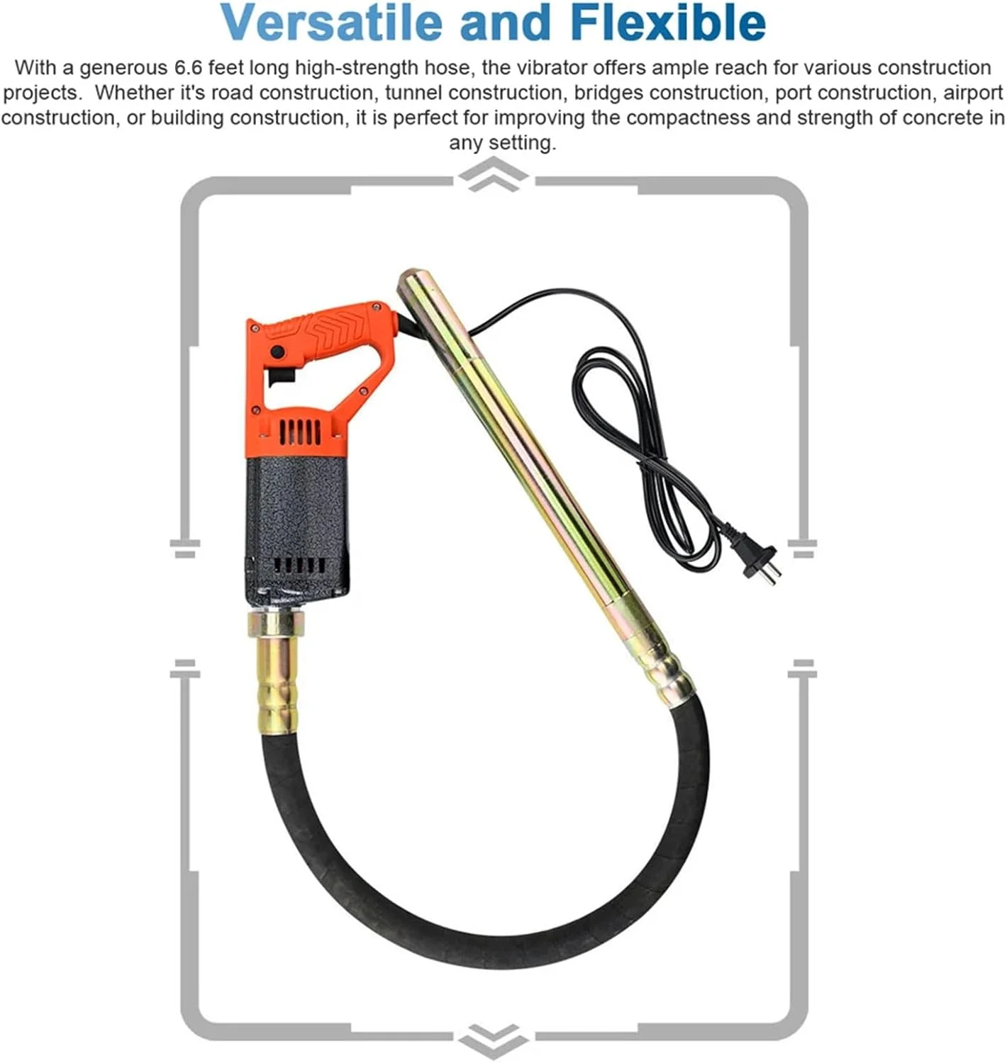 ویبراتور بتن دستی SUZLAZYR، ابزار ویبره بتن برقی 1300 وات با شفت/میله 2 متری، 4000 دور در دقیقه، برای ساخت و ساز، حذف حباب هوا و مخلوط کردن بتن