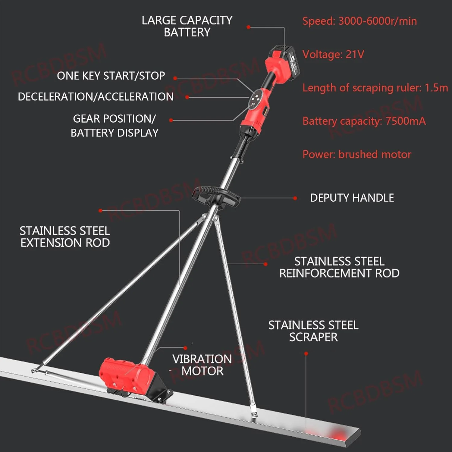 کیت شمشه بتن ویبره ای شارژی RESKIU، ابزار پرداخت بتن با تخته 150 سانتی متری، شمشه تراز کننده سطح بتن شارژی، تنظیم 9 سرعته، 1 باتری