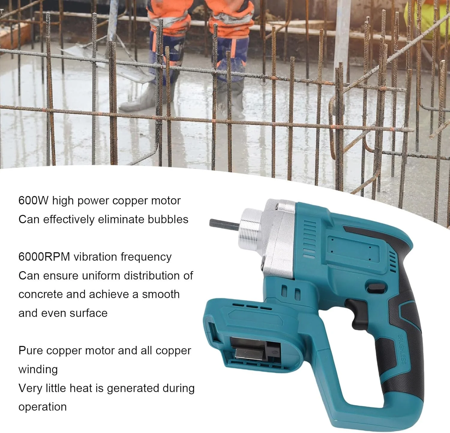 ابزار ویبراتور بتن برقی نورنسی، 600 وات 6000 دور در دقیقه، ویبراتور بتن بی سیم با موتور مسی، بدنه آلیاژ آلومینیوم، جنس ABS، برای باتری 18 ولت BL1815 BL1820 BL1530