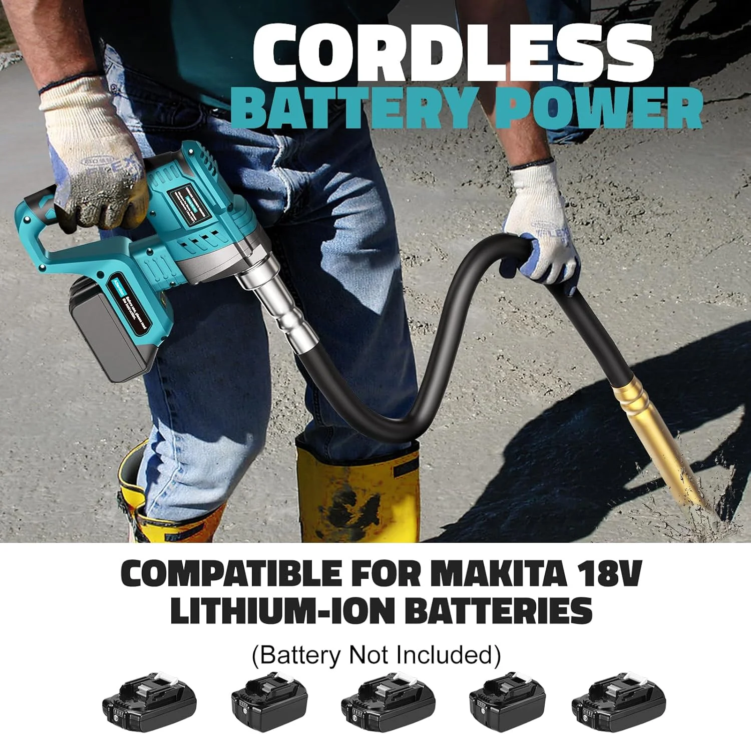 ابزار ویبراتور بتن دستی LIVOWALNY سازگار با باتری 18 ولت Makita، ویبراتور بتن برقی بی سیم 600 واتی با میله شفت 1.15 متری، ویبراتور مدادی قابل حمل برای حذف حباب و مخلوط کردن بتن