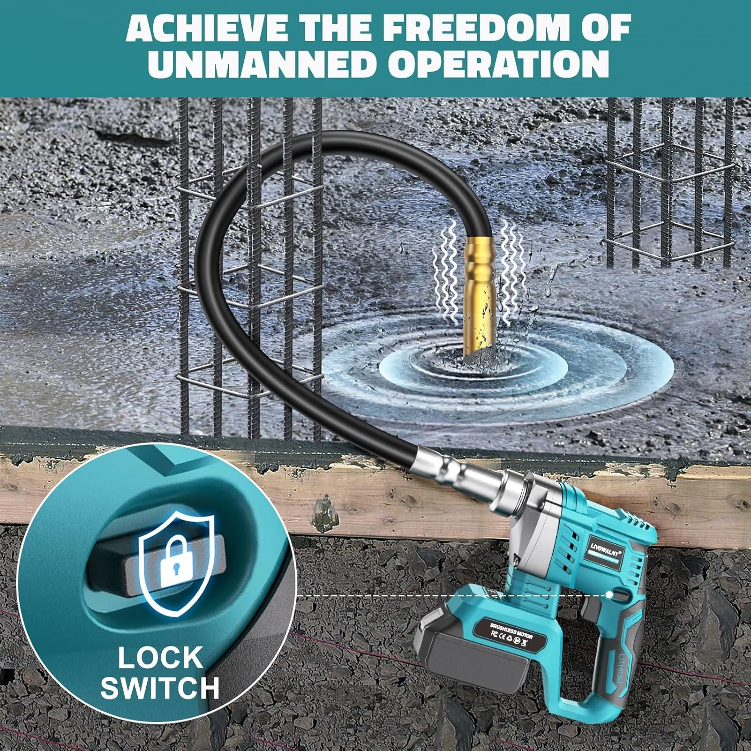 ابزار ویبراتور بتن دستی LIVOWALNY سازگار با باتری 18 ولت Makita، ویبراتور بتن برقی بی سیم 600 واتی با میله شفت 1.15 متری، ویبراتور مدادی قابل حمل برای حذف حباب و مخلوط کردن بتن