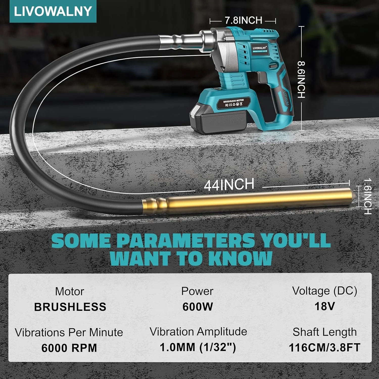 ابزار ویبراتور بتن دستی LIVOWALNY سازگار با باتری 18 ولت Makita، ویبراتور بتن برقی بی سیم 600 واتی با میله شفت 1.15 متری، ویبراتور مدادی قابل حمل برای حذف حباب و مخلوط کردن بتن