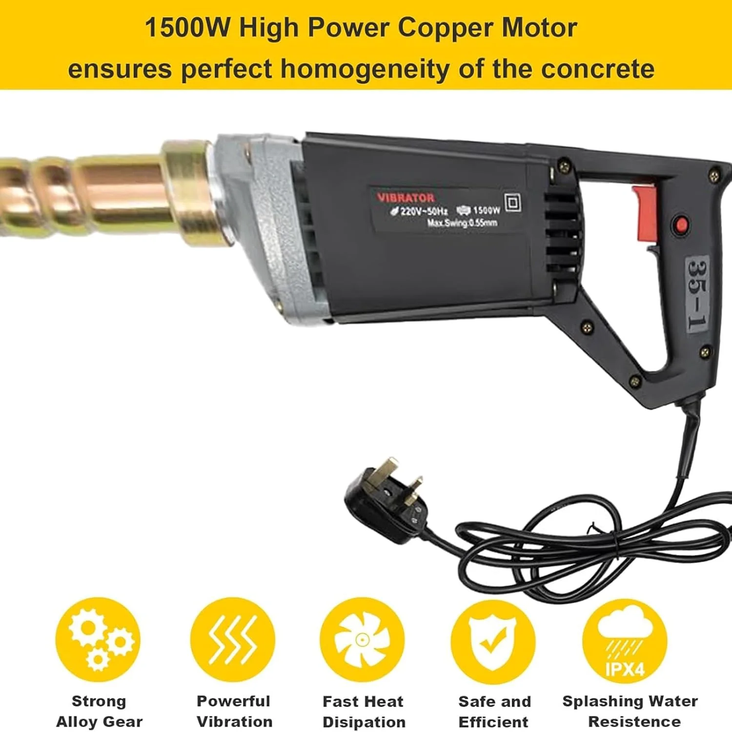 ابزار ویبراتور بتن دستی، ویبراتور برقی بتن 1500 وات، ویبراتور سیمان قابل حمل با میله شفت 2 متری، برای عملیات بتن ریزی