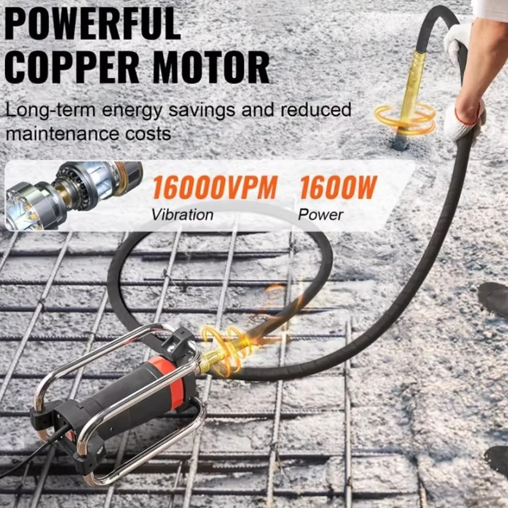 ویبراتور بتن برقی دستی، ویبراتور بتن قابل حمل 16000 دور در دقیقه، ابزار ویبره بتن قابل حمل 1600 واتی با شفت انعطاف پذیر 4.5 متری برای حذف حباب های هوا از بتن