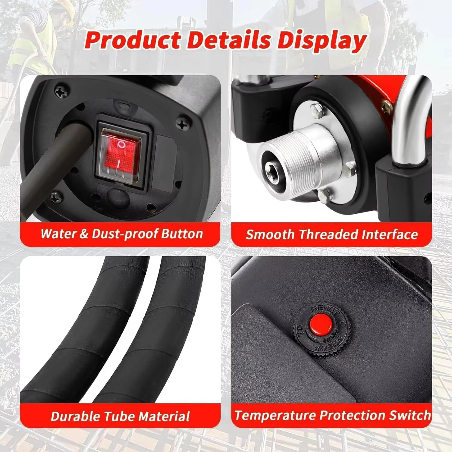 ویبراتور بتن برقی دستی، ویبراتور بتن قابل حمل 16000 دور در دقیقه، ابزار ویبره بتن قابل حمل 1600 واتی با شفت انعطاف پذیر 4.5 متری برای حذف حباب های هوا از بتن