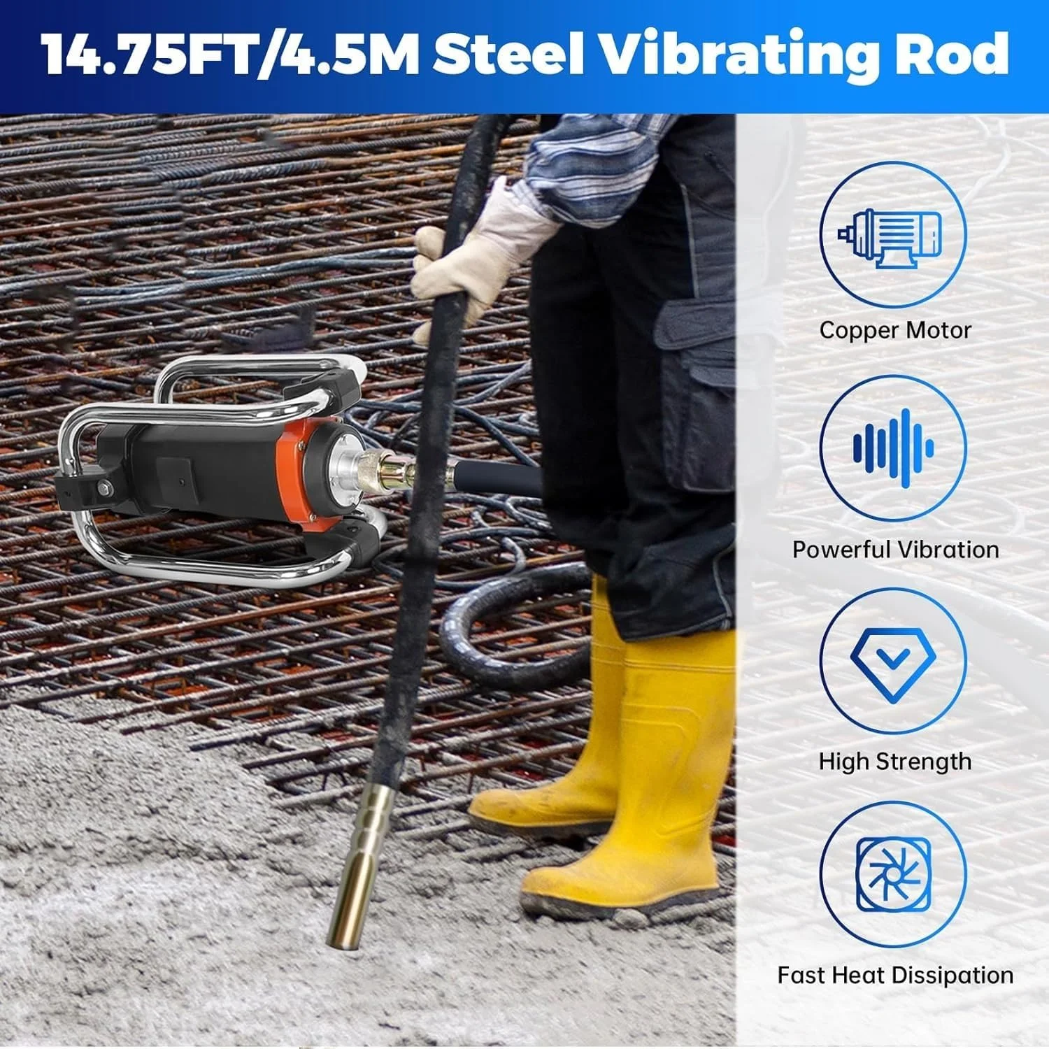 ویبراتور بتن برقی دستی، ویبراتور بتن قابل حمل 16000 دور در دقیقه، ابزار ویبره بتن قابل حمل 1600 واتی با شفت انعطاف پذیر 4.5 متری برای حذف حباب های هوا از بتن