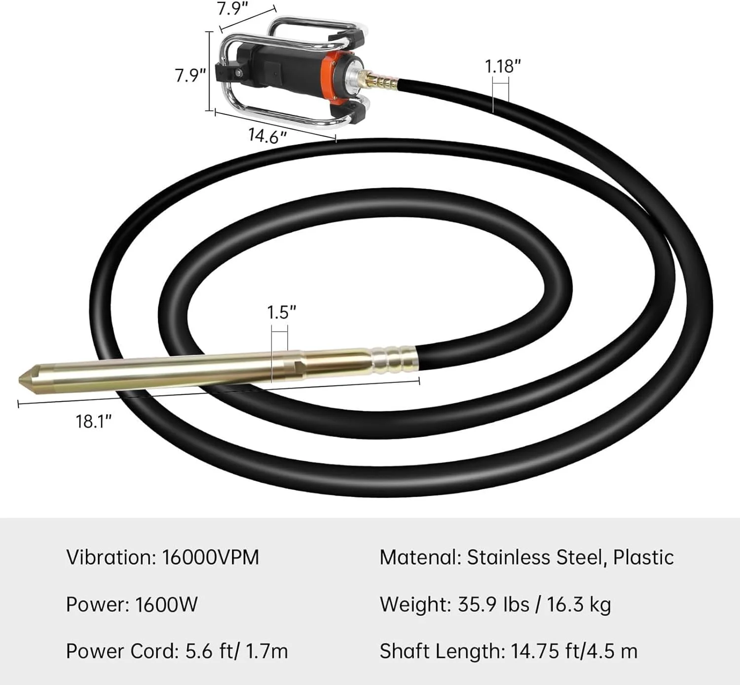 ویبراتور بتن برقی دستی، ابزار ویبره بتن سیمانی قابل حمل برای ساخت و ساز، قدرت 1300 وات، دارای شفت 4.5 متری، ایده آل برای از بین بردن حباب های هوا و صاف کردن