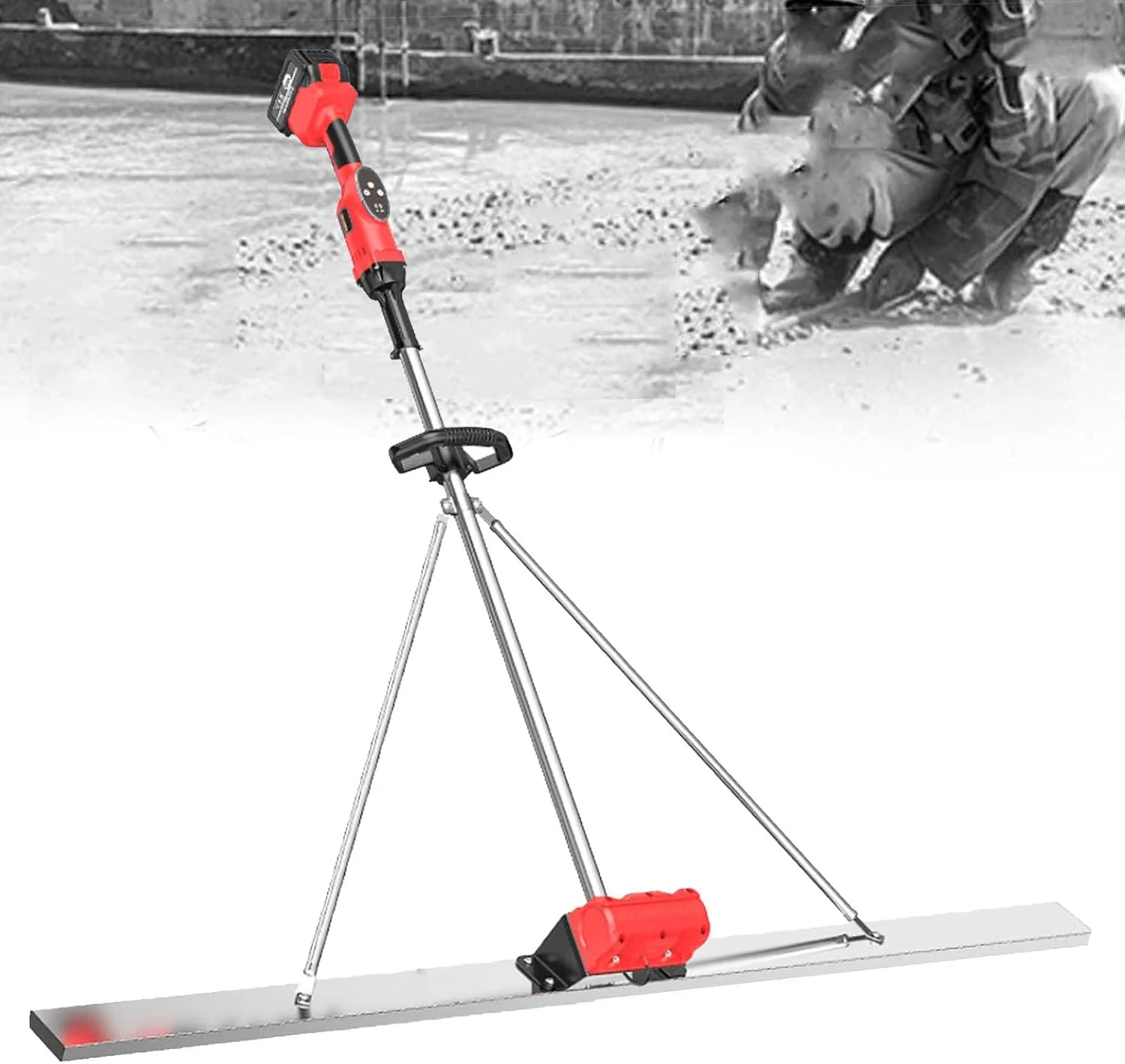 ابزار پرداخت بتن برقی، شمشه تراز کننده سطح بتن، شمشه ویبره بتن بی سیم با صفحه استیل ضد زنگ 1.5 متری، تنظیم 9 سرعته و نمایشگر قدرت، 1 باتری