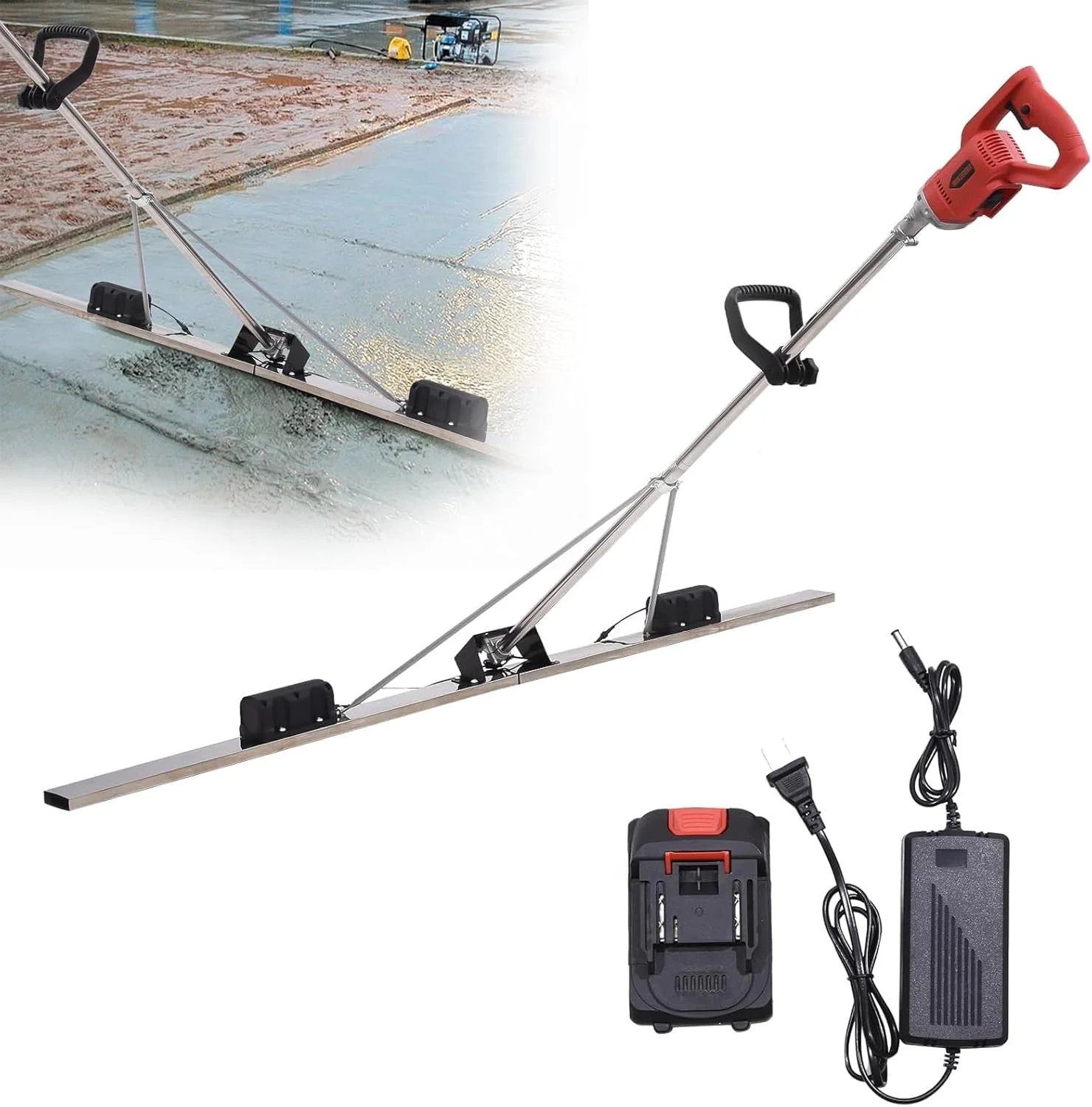 ابزار پرداخت بتن برقی، کیت ویبراتوری شمشه بتن برقی، سر دستگاه + موتور، ماشین پرداخت سیمان شمشه برقی بی سیم، موتور ویبره پرداخت سیمان شمشه