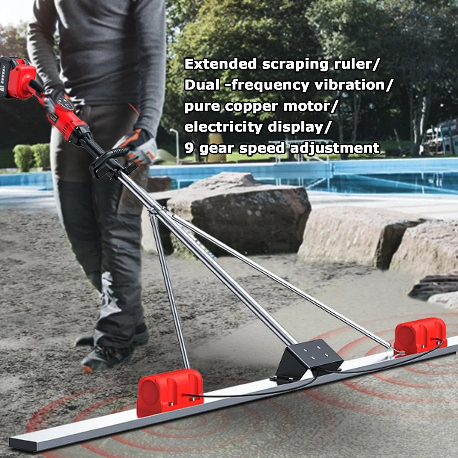 ابزار پرداخت بتن برقی، شمشه تراز کننده سطح بتن، شمشه ویبره بتن بی سیم با صفحه استیل ضد زنگ 1.5 متری، تنظیم 9 سرعته و نمایشگر قدرت، 1 باتری