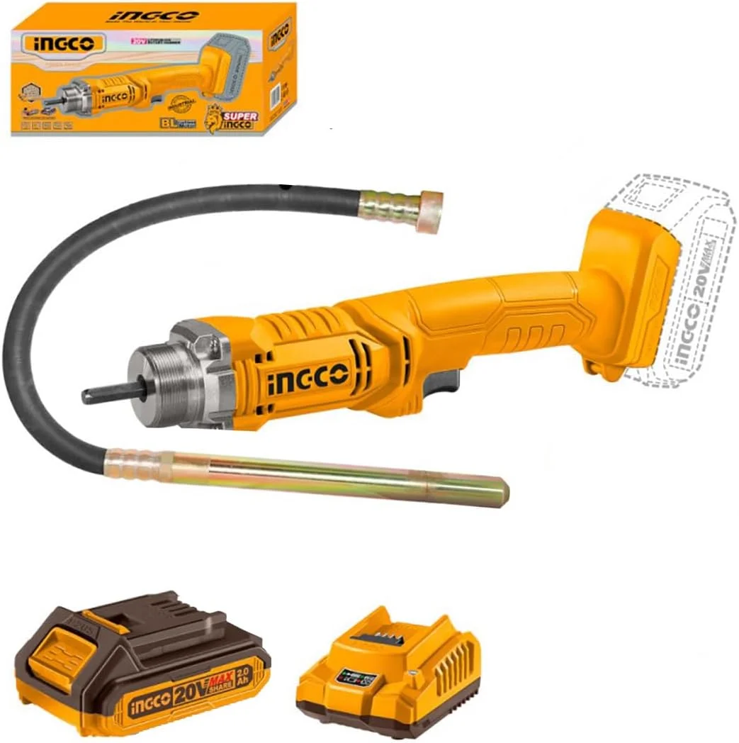 ویبراتور بتن شارژی اینکو، 20 ولت، باتری 2.0 آمپر ساعت، 2300 دور در دقیقه، پوکر 35x1200 میلی متر، به همراه شارژر
