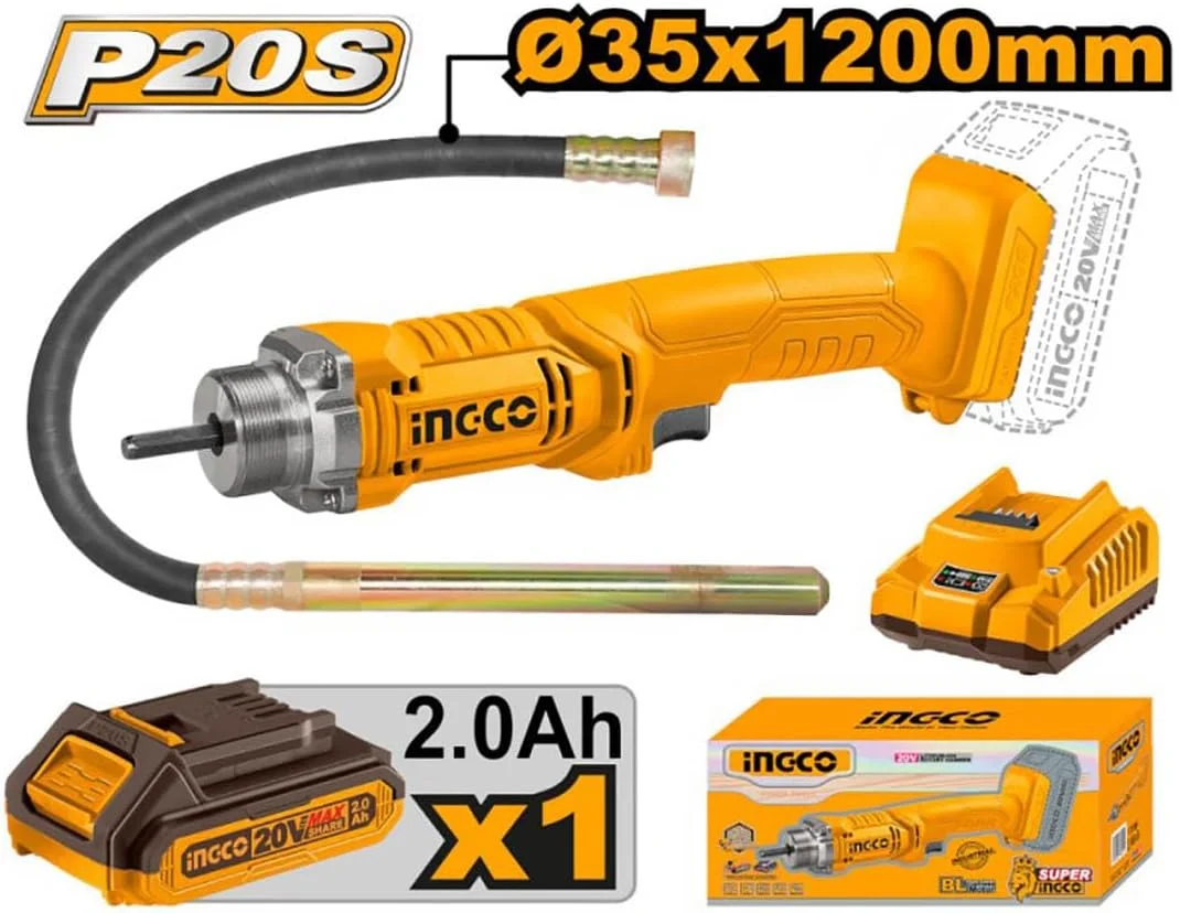 ویبراتور بتن شارژی اینکو، 20 ولت، باتری 2.0 آمپر ساعت، 2300 دور در دقیقه، پوکر 35x1200 میلی متر، به همراه شارژر ویبراتور بتن شارژی اینکو، 20 ولت، باتری 2.0 آمپر ساعت، 2300 دور در دقیقه، پوکر 35x1200 میلی متر، به همراه شارژر