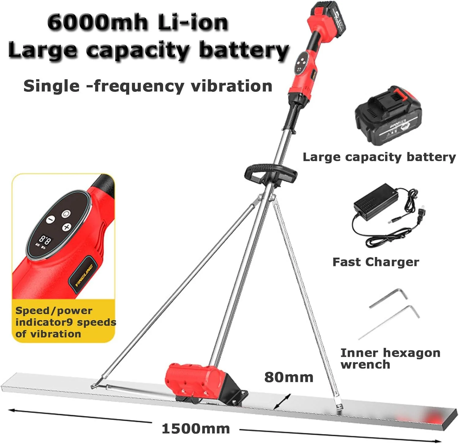 کیت شمشه ویبراتوری بتن، ابزار پرداخت بتن، تراز شمشه برقی سیمانی شارژی، موتور ویبره پرداخت سیمان با تنظیم 9 سرعته و نمایشگر قدرت، 2 باتری کیت شمشه ویبراتوری بتن، ابزار پرداخت بتن، تراز شمشه برقی سیمانی شارژی، موتور ویبره پرداخت سیمان با تنظیم 9 سرعته و نمایشگر قدرت، 2 باتری