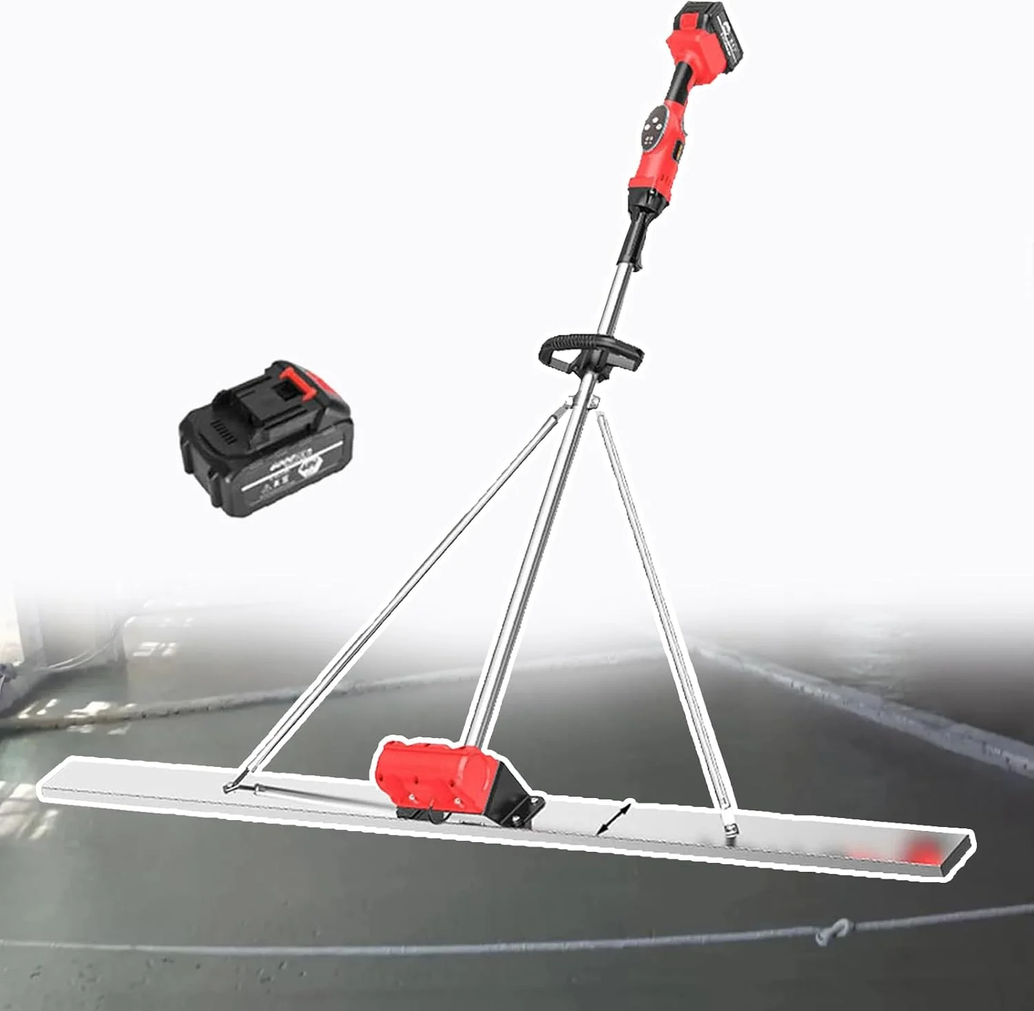 ابزار شمشه ویبره بتن، کاردک استیل ضد زنگ: 150 × 80 سانتی متر، با 1 باتری، نمایشگر دیجیتال + 9 تنظیم سرعت، شروع با یک کلید، برای کف سازی، پی ریزی، الف