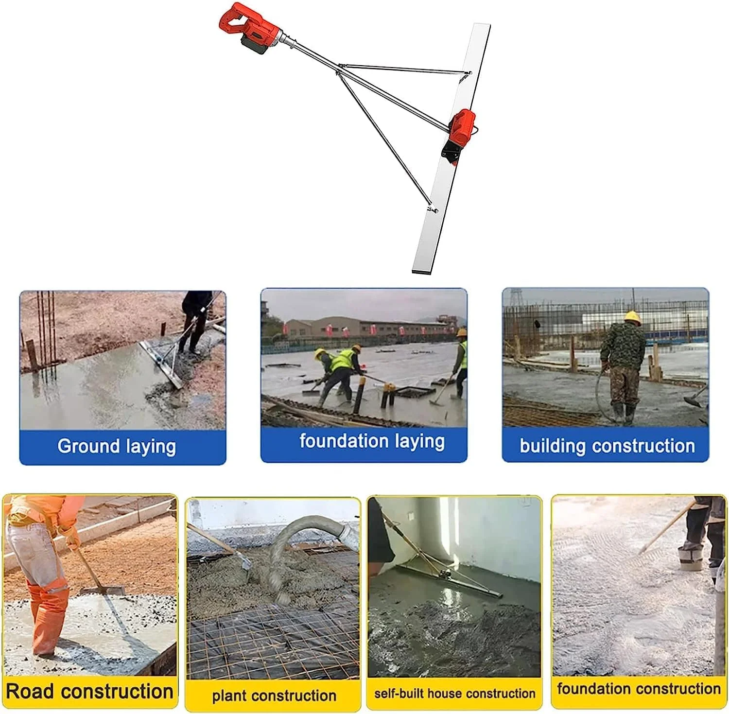 ابزار ویبراتور پرداخت بتن، شمشه برقی 6000 دور در دقیقه، ابزار پرداخت سطح بتن با تیغه 150 سانتی‌متری به همراه اسکراپر و موتور ویبره برای پردازش بتن، با باتری 6000 میلی آمپر ساعتی