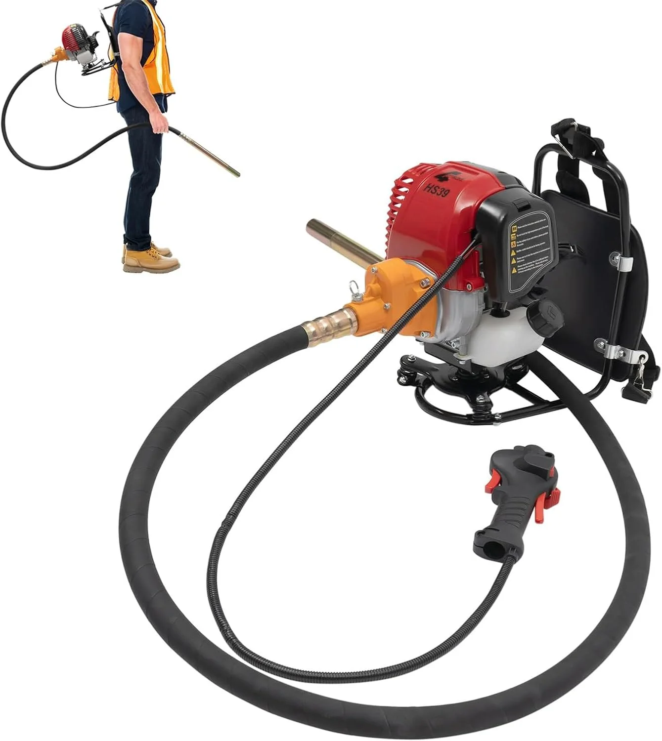 ویبراتور بتن کوله پشتی، ابزار ویبره بتن با موتور 42.7 سی سی و میله 8 فوتی، موتور ویبره سیمانی بنزینی تک سیلندر هوا خنک 4 زمانه 4.8 اسب بخار برای ساخت و ساز