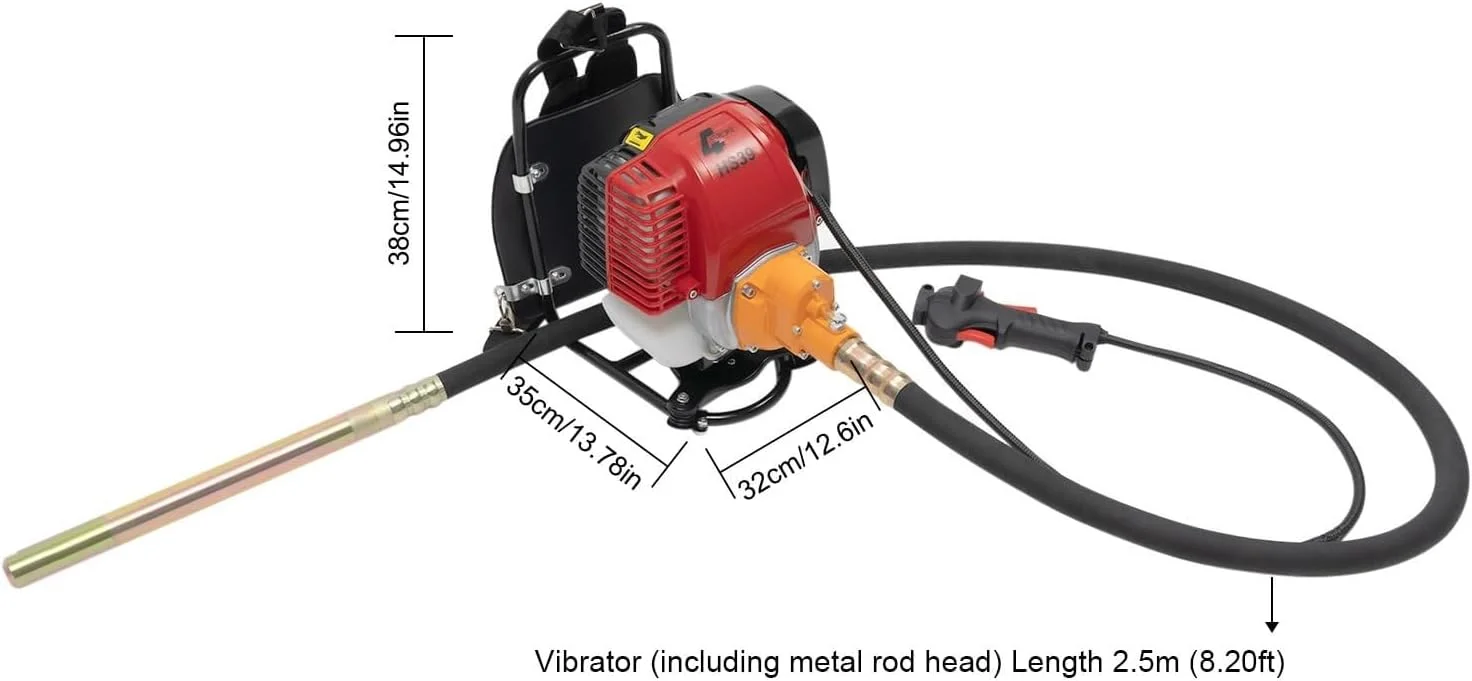 ویبراتور بتن کوله پشتی، ابزار ویبره بتن با موتور 42.7 سی سی و میله 8 فوتی، موتور ویبره سیمانی بنزینی تک سیلندر هوا خنک 4 زمانه 4.8 اسب بخار برای ساخت و ساز