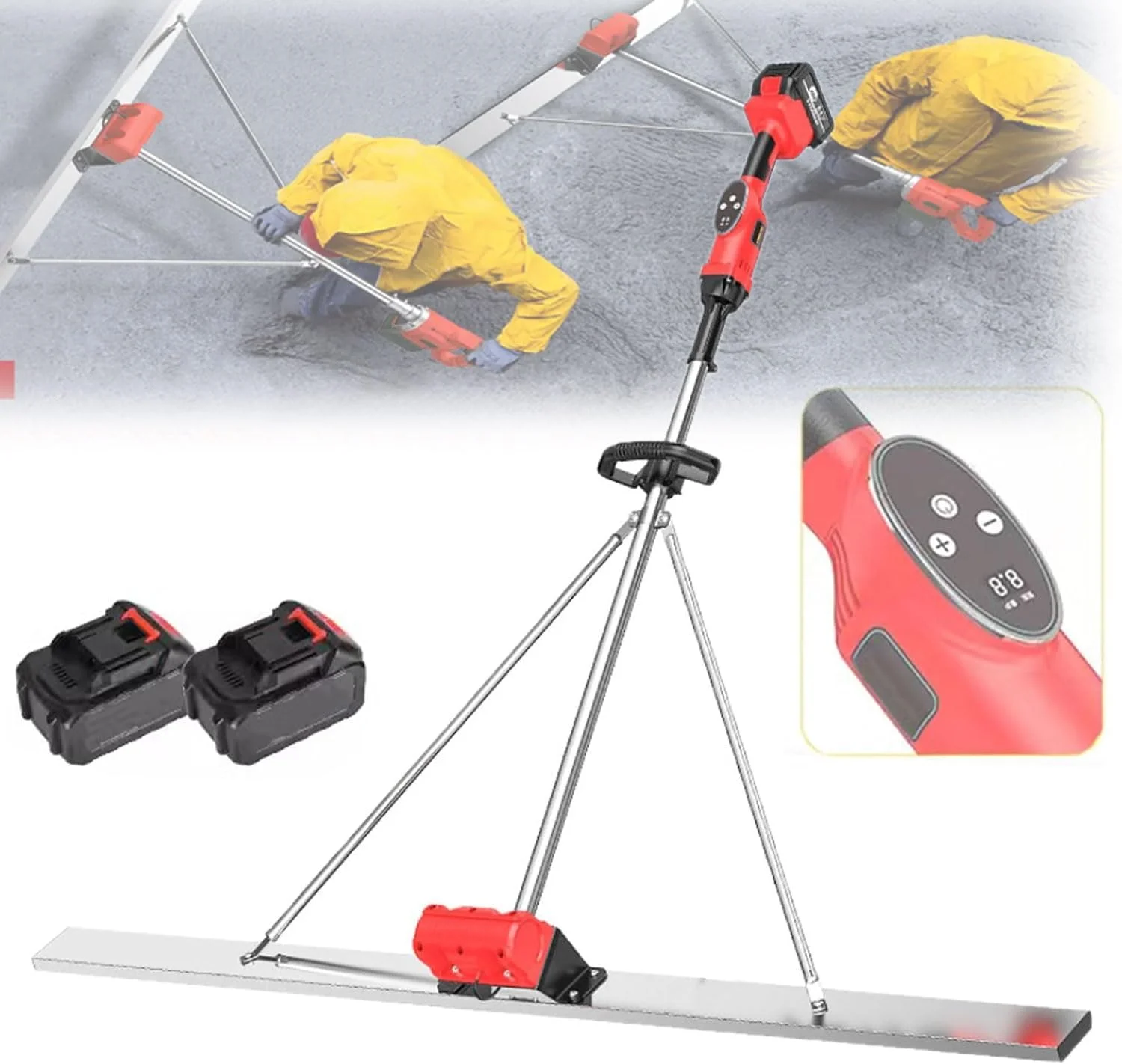 شمشه بتن لرزشی شارژی BDJSN با طول 150 سانتی متر، کیت شمشه ویبره بتن برقی با 2 باتری، خط کش لرزشی سطحی باتری لیتیومی استیل، ابزار پرداخت بتن با 9 سطح تنظیم فرکانس