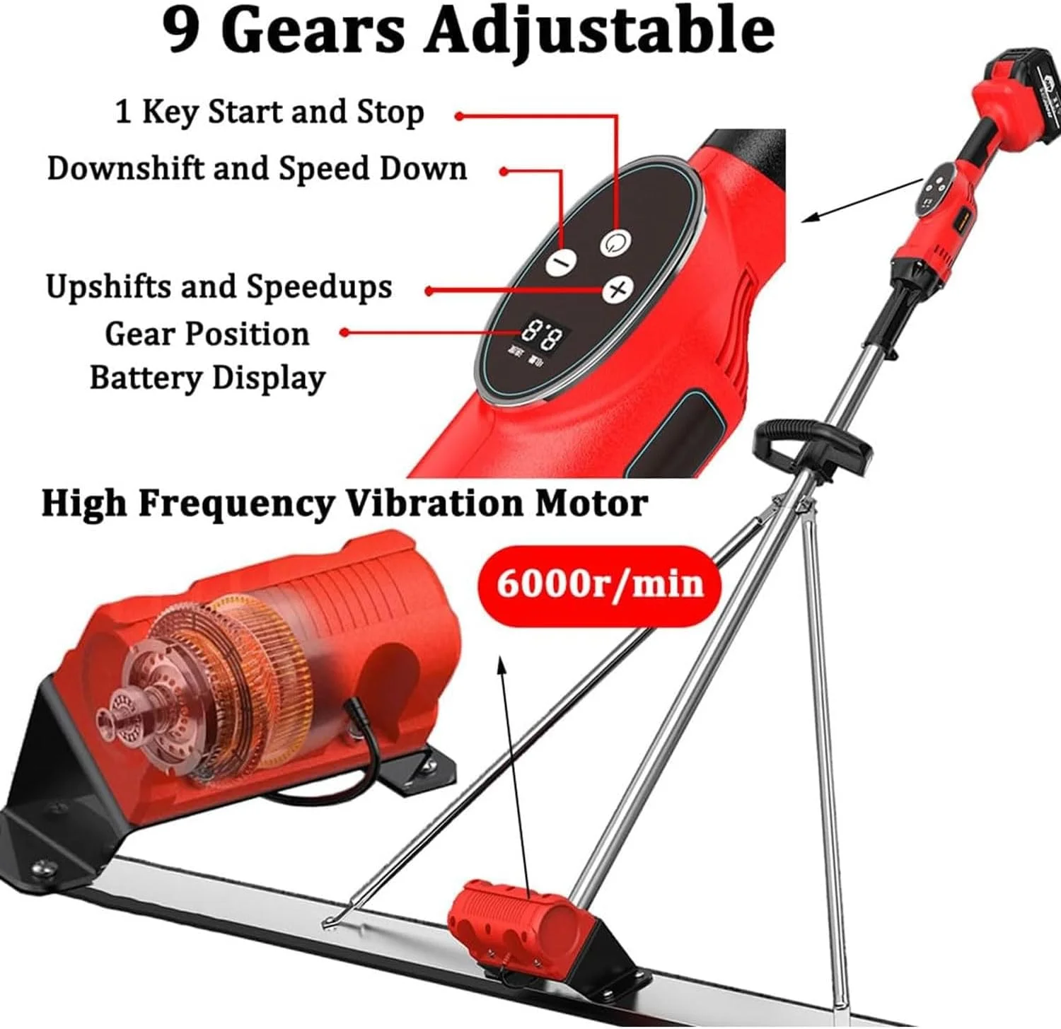 شمشه بتن لرزشی شارژی BDJSN با طول 150 سانتی متر، کیت شمشه ویبره بتن برقی با 2 باتری، خط کش لرزشی سطحی باتری لیتیومی استیل، ابزار پرداخت بتن با 9 سطح تنظیم فرکانس