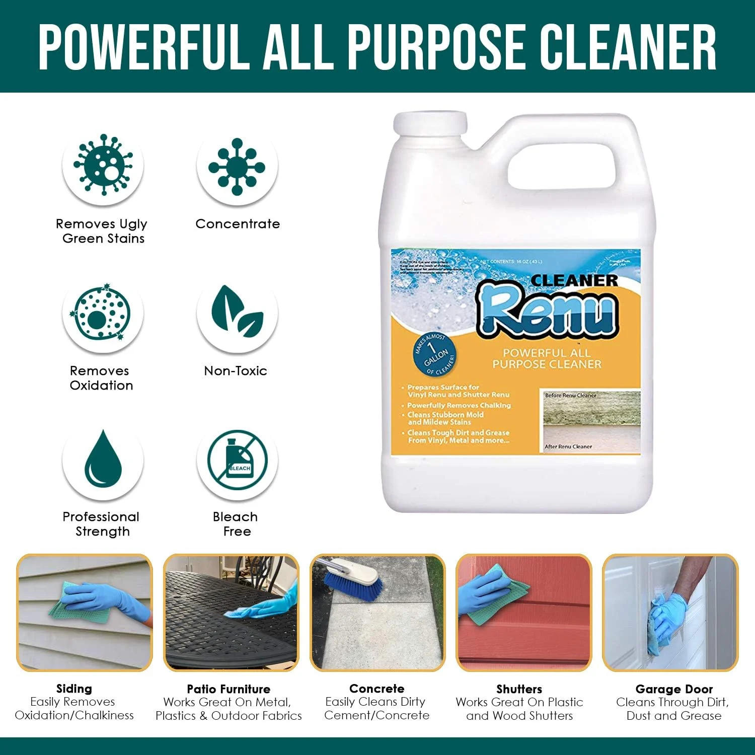 محلول تمیز کننده شاتر رنو گالن - کنسانتره تمیز کننده ممتاز. اجازه دهید تمیز کننده کار خود را انجام دهد. به راحتی زشت ترین لکه ها و اکسیداسیون را از نمای وینیل و تمام وسایل بیرونی پاک می کند. تا 10 گالن محلول می دهد