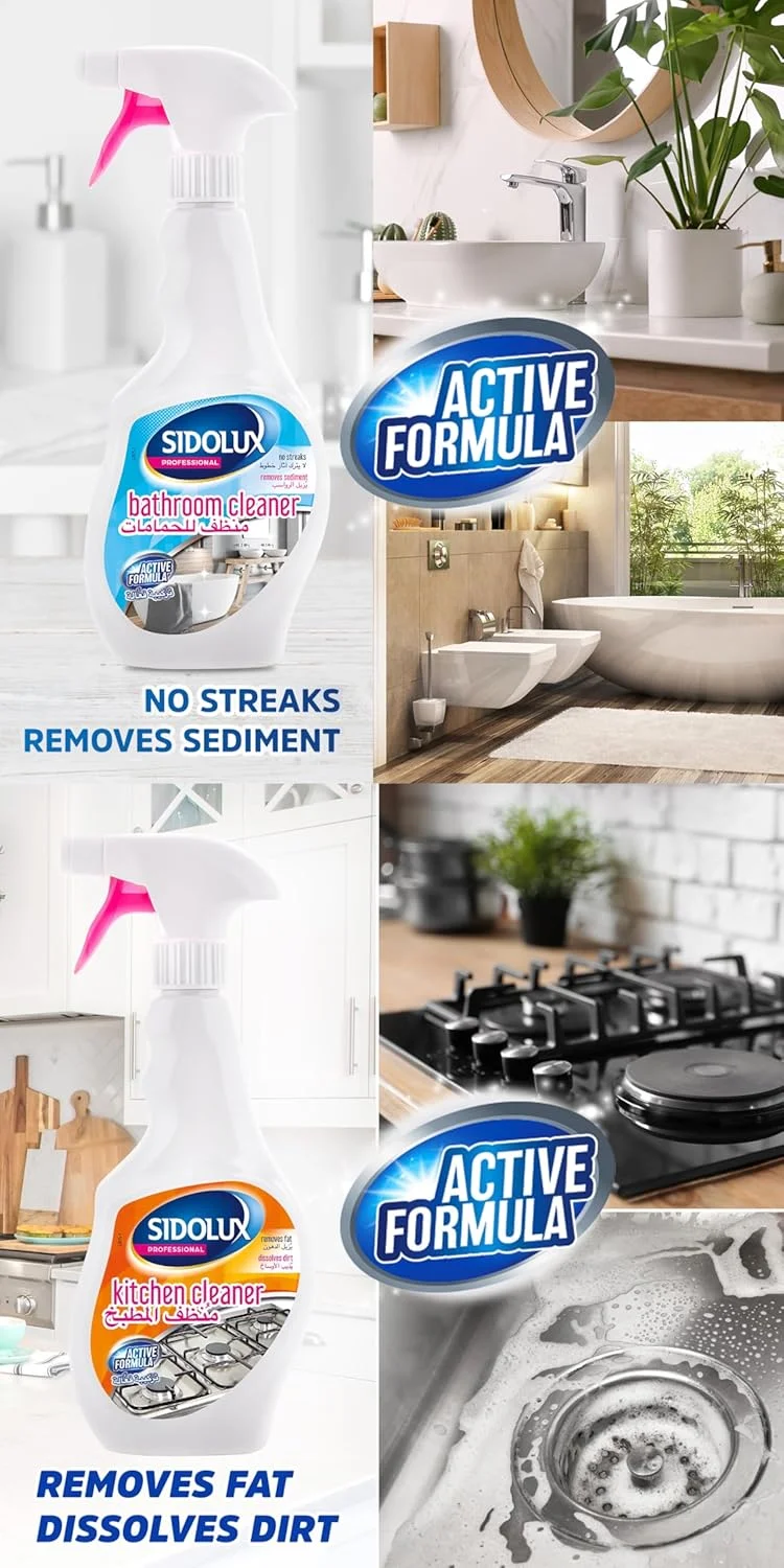 اسپری پاک کننده حمام و آشپزخانه Sidolux | برای لکه های روغن و چربی | فرمول فعال رسوبات را از بین می برد و تمیزی بدون رگه به ارمغان می آورد | 500 میلی لیتر (بسته 2 عددی) اسپری پاک کننده حمام و آشپزخانه Sidolux | برای لکه های روغن و چربی | فرمول فعال رسوبات را از بین می برد و تمیزی بدون رگه به ارمغان می آورد | 500 میلی لیتر (بسته 2 عددی)