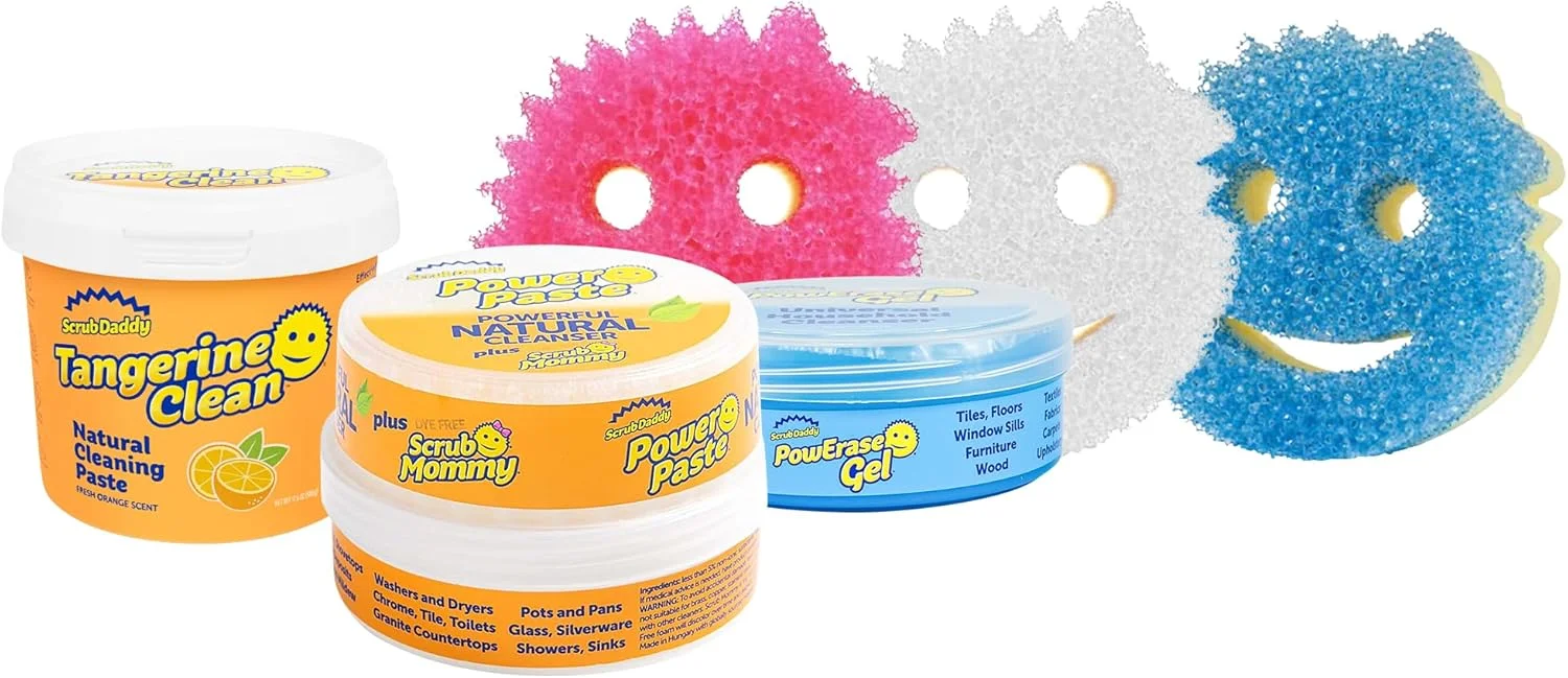 مجموعه اسفنج های اسکراب ددی + لوازم نظافت منزل - خمیر تمیز کننده پاور پیست، تمیز کننده نارنگی، ژل پاک کننده همه منظوره PowErase و 3 اسفنج اسکراب مامی (3 خمیر و 3 اسفنج)