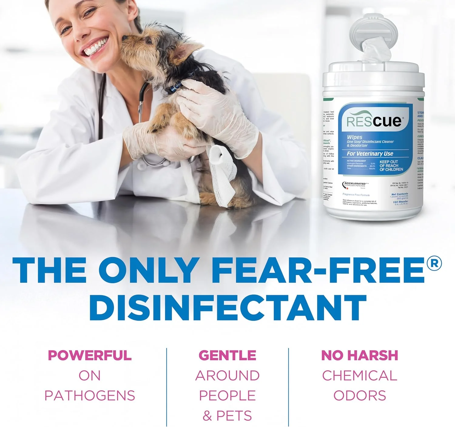 محلول ضدعفونی کننده، پاک کننده و خوشبو کننده یک مرحله ای Rescue مناسب استفاده دامپزشکی، ثبت شده در EPA، پراکسید هیدروژن تسریع شده، بدون عطر اضافه شده، ورق های استاندارد سایز 6x7 اینچ، قوطی 160 عددی (بسته 1 عددی)