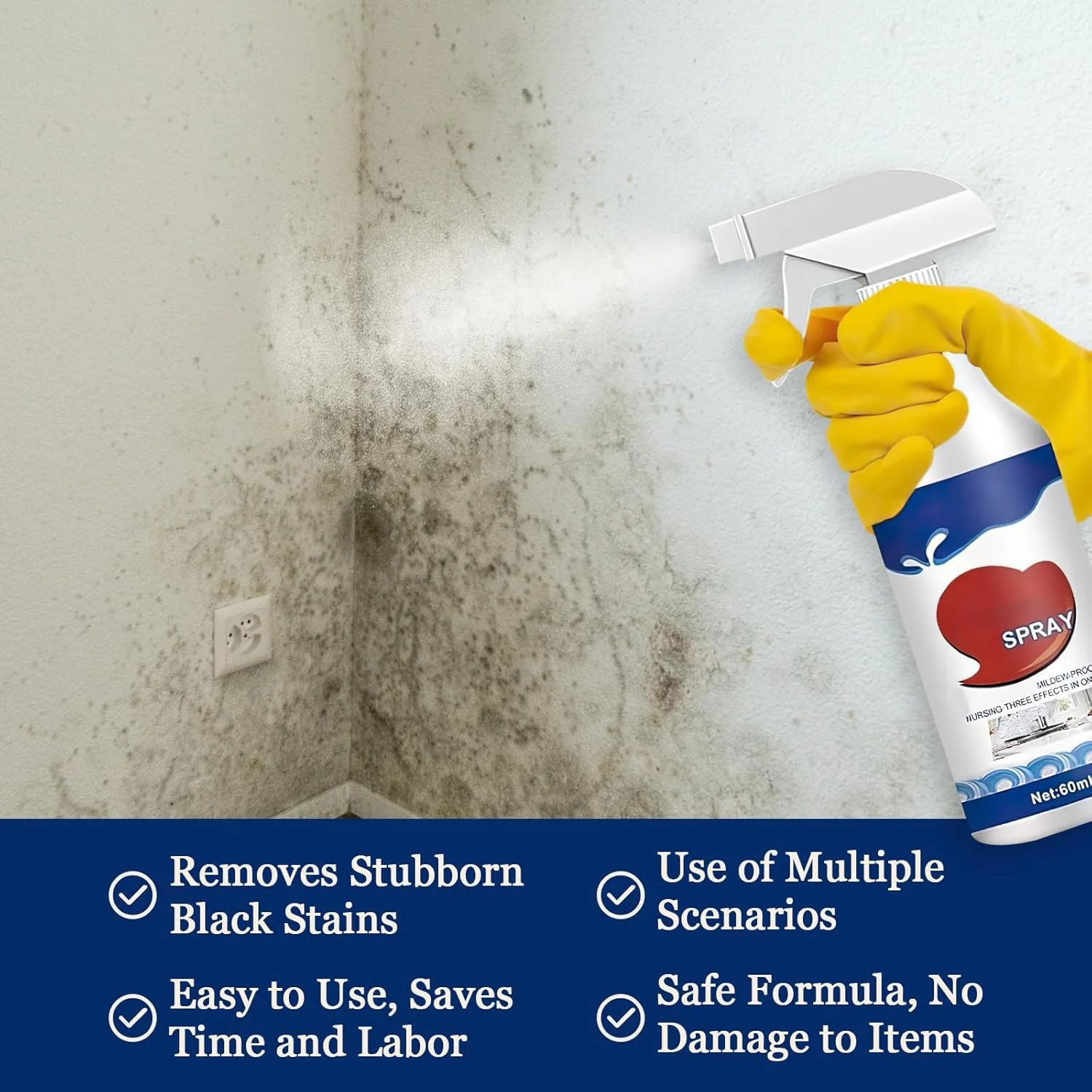 ژل پاک کننده کپک Azonee، فوم اسپری پاک کننده لکه با عملکرد سریع، اسپری پاک کننده کپک چند منظوره خانگی، مناسب برای دیوارها، کاشی ها، کف، سینک ها، وان حمام و توالت (2 عدد)