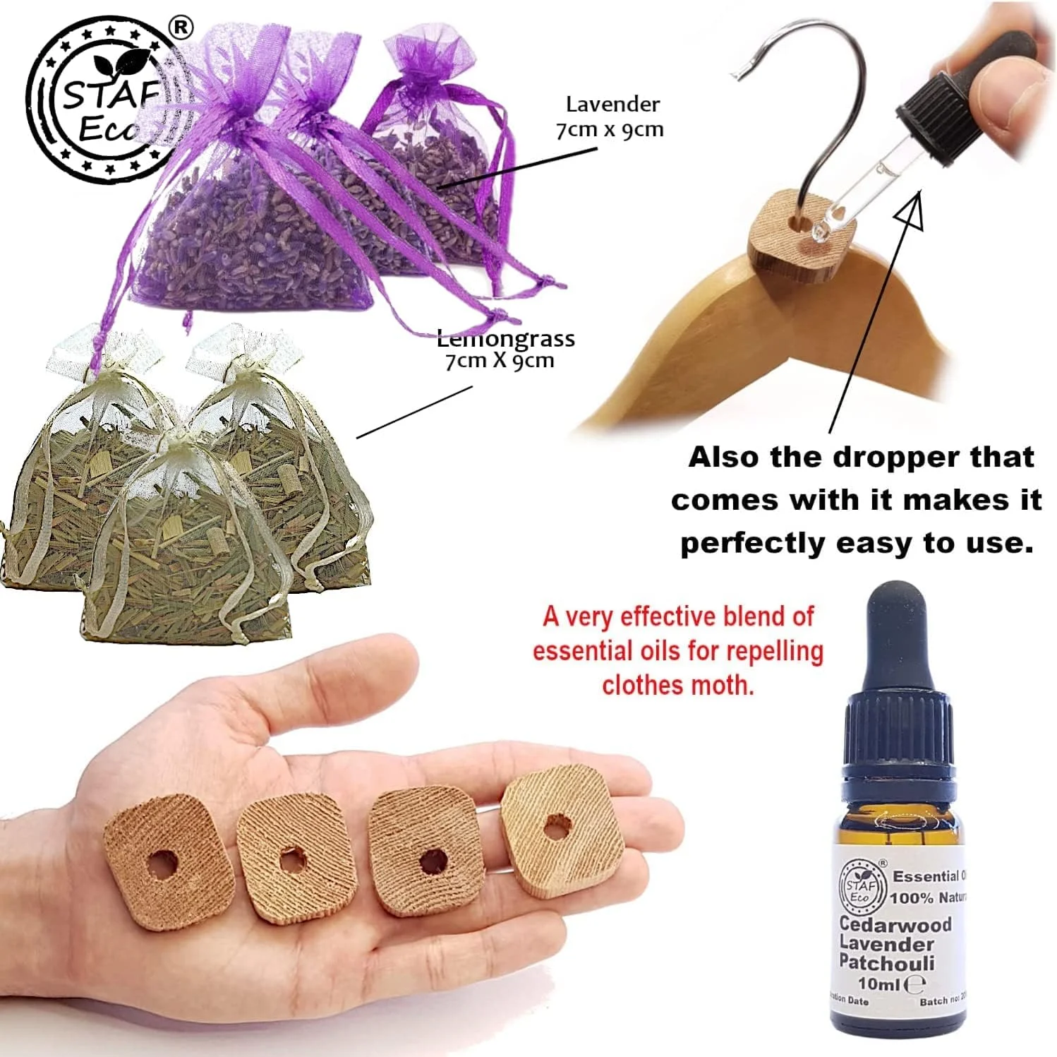 دفع کننده طبیعی بید STAFECO® برای کمد لباس، کشو، حلقه های چوبی ضد بید با روغن (اسطوخودوس، چوب سدر، نعناع هندی) و کیسه های اسطوخودوس و علف لیمو (سایز متوسط A)