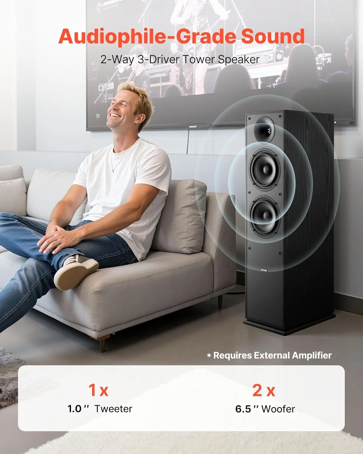 اسپیکر ایستاده دو طرفه VEVOR با توییتر 1 اینچی، دو ووفر 6.5 اینچی، حداکثر توان 400 وات، پاسخ فرکانسی 65 هرتز تا 20 کیلوهرتز، محفظه MDF سنگین برای صدای خانگی، جفت