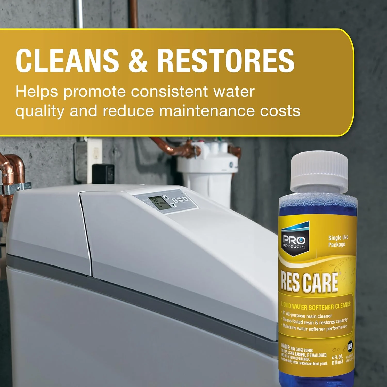 مایع تمیز کننده رزین سختی گیر آب پرو، تمیز کننده جهانی برای سیستم های آب سخت، بطری 4 اونسی، بسته 4 عددی