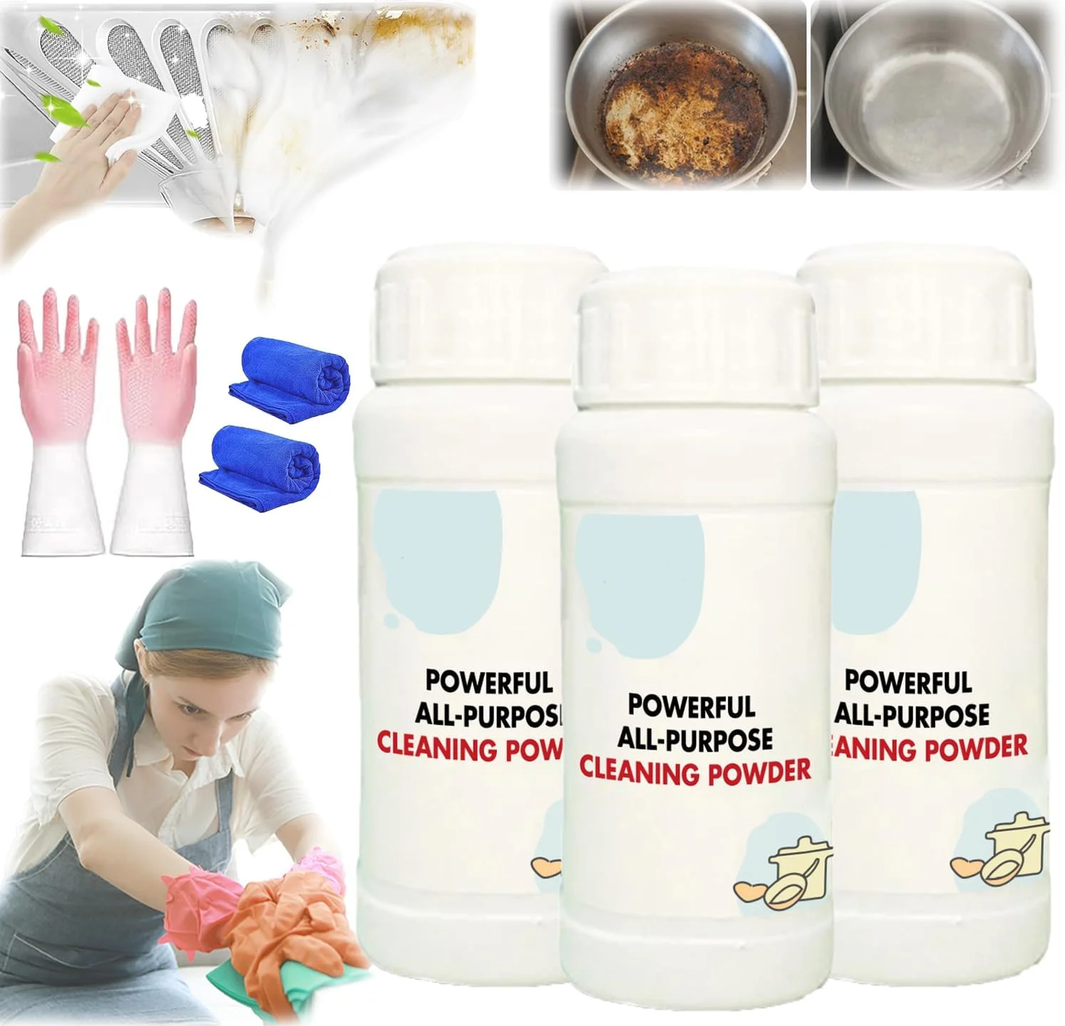 پودر پاک کننده چند منظوره و قدرتمند آشپزخانه Pousbo، پودر پاک کننده چند منظوره قدرتمند، پودر جادویی تمیز کننده، پودر فوم چند منظوره پاک کننده زنگ زدگی برای اجاق گاز، رسوب آهک و قابلمه (3 * 110 گرم)