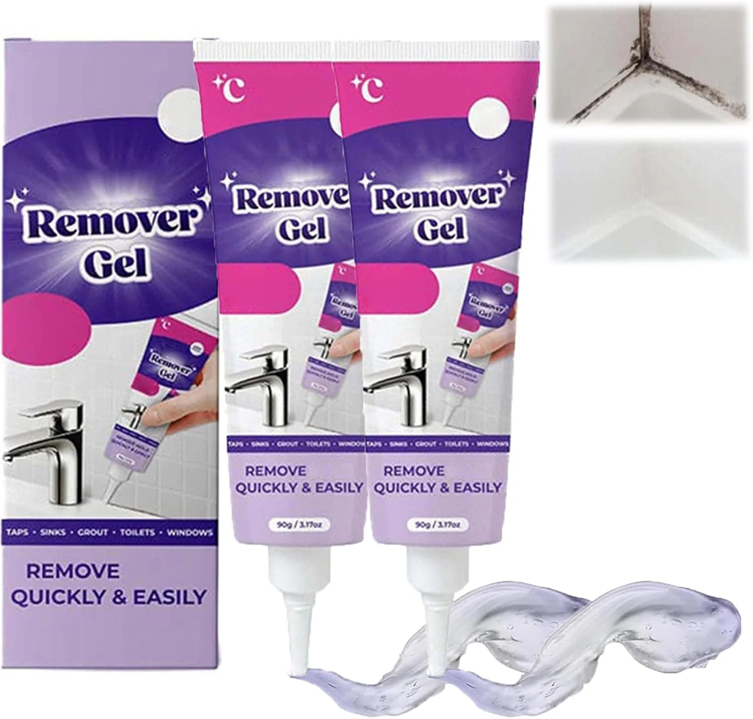 ژل از بین برنده کپک، ژل پاک کننده قوی خانگی، بسیار موثر در نفوذ، مناسب برای درزهای کاشی حمام و آشپزخانه، دیوارها و دوغاب، پاک کننده سریع، فرمول ایمن (2 عدد)