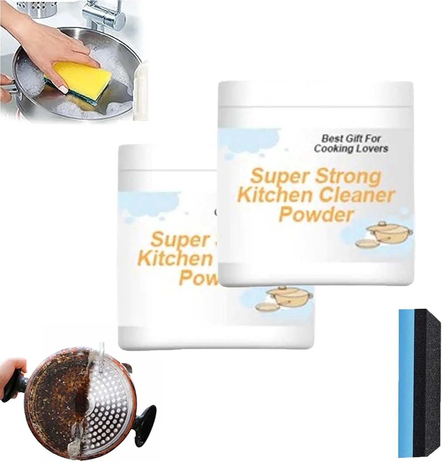 پودر پاک کننده فوق العاده قوی آشپزخانه، پودر پاک کننده همه منظوره قدرتمند آشپزخانه 2024، پودر تمیز کننده استیل ضد زنگ، لکه بر، چربی زدا قوی، پاک کننده محافظ آشپزخانه (2 عدد)