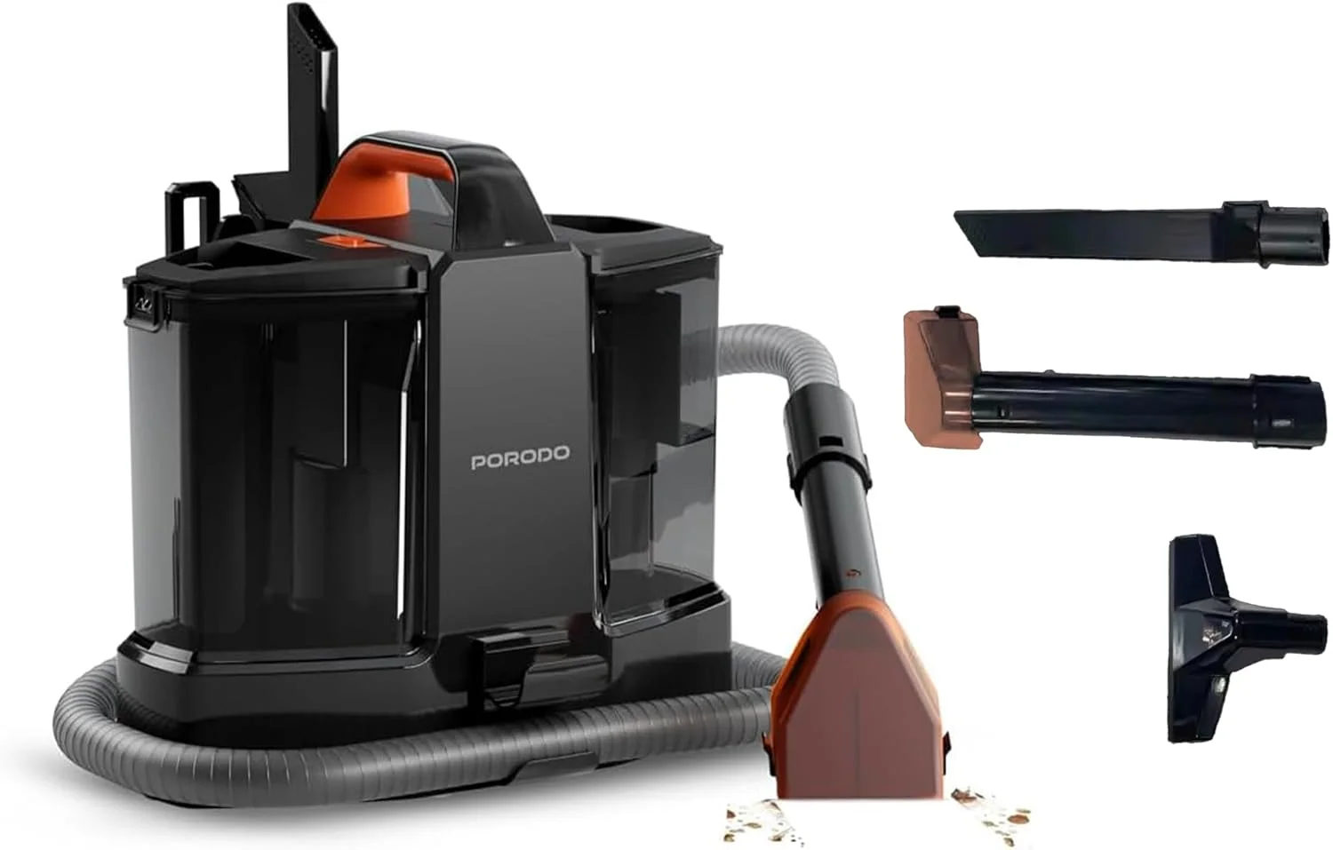 دستگاه تمیز کننده لکه فرش و روکش قابل حمل پرودو، مکش قدرتمند 11KPa با ابزارهای تخصصی منحصر به فرد، پاک کننده لکه حیوانات خانگی، مناسب برای جزئیات خودرو و اتومبیل، همراه با محلول تمیز کننده لکه Porodo Lifestyle