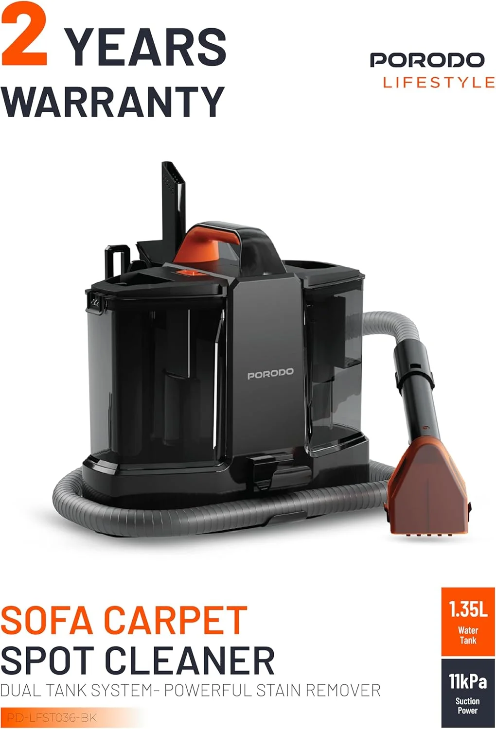 دستگاه تمیز کننده لکه فرش و روکش قابل حمل پرودو، مکش قدرتمند 11KPa با ابزارهای تخصصی منحصر به فرد، پاک کننده لکه حیوانات خانگی، مناسب برای جزئیات خودرو و اتومبیل، همراه با محلول تمیز کننده لکه Porodo Lifestyle