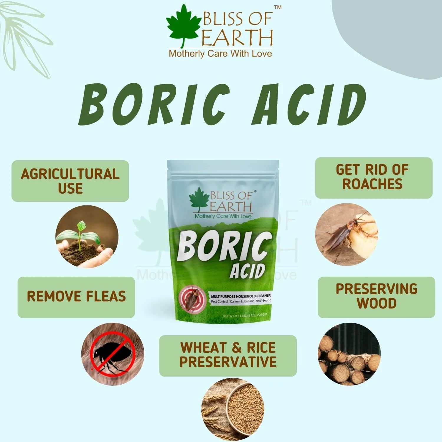 پودر اسید بوریک Bliss of Earth، 2 عدد 453 گرمی، چند منظوره، از بین برنده سوسک و مورچه، نگهدارنده برنج، پودر کرم