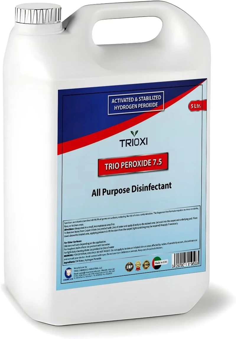 تریو پراکسید 7.5 هیدروژن پراکسید فعال و تثبیت شده چند منظوره ضد عفونی کننده 5 لیتری تریو پراکسید 7.5 هیدروژن پراکسید فعال و تثبیت شده چند منظوره ضد عفونی کننده 5 لیتری
