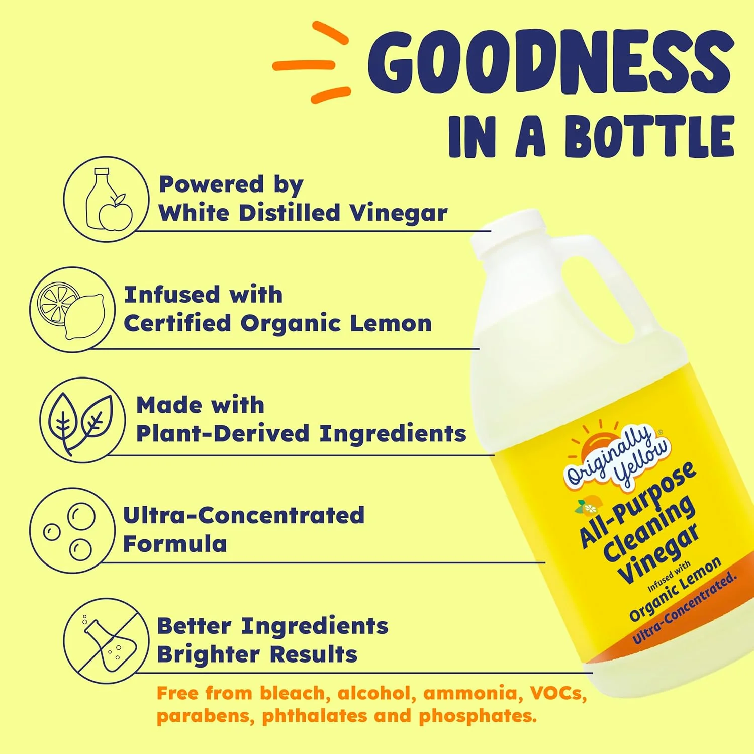 سرکه تمیز کننده چند منظوره زرد اورجینال برای محلول تمیز کردن کف خانه با سرکه مقطر | غنی شده با لیمو ارگانیک | لوازم تمیز کننده خانگی گیاهی، 1.89 لیتر (1 بسته)