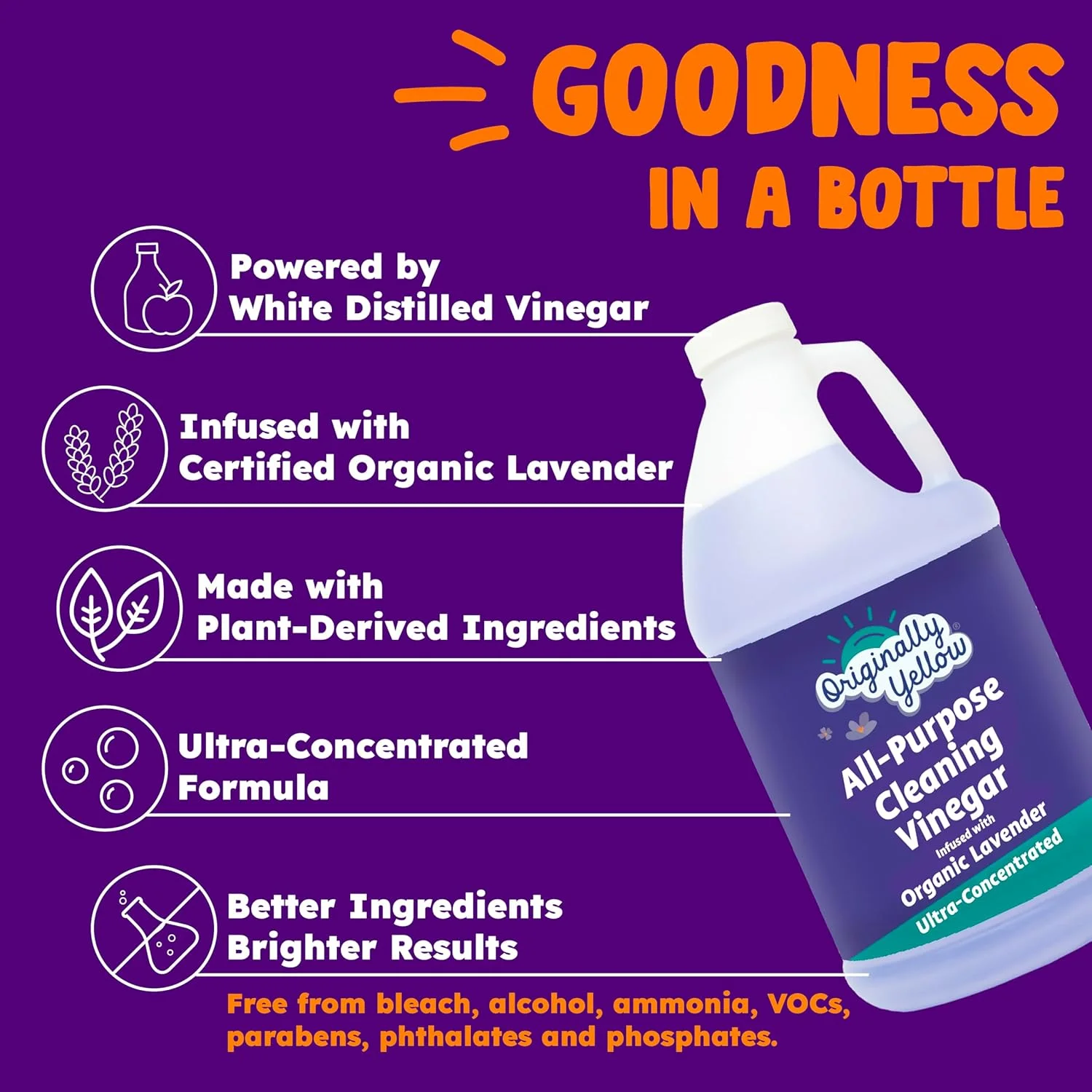 سرکه تمیز کننده چند منظوره Originally Yellow برای محلول تمیز کردن کف خانه با سرکه مقطر | غنی شده با اسطوخودوس ارگانیک | لوازم تمیز کننده منزل گیاهی، 1.89 لیتر (1 بسته)