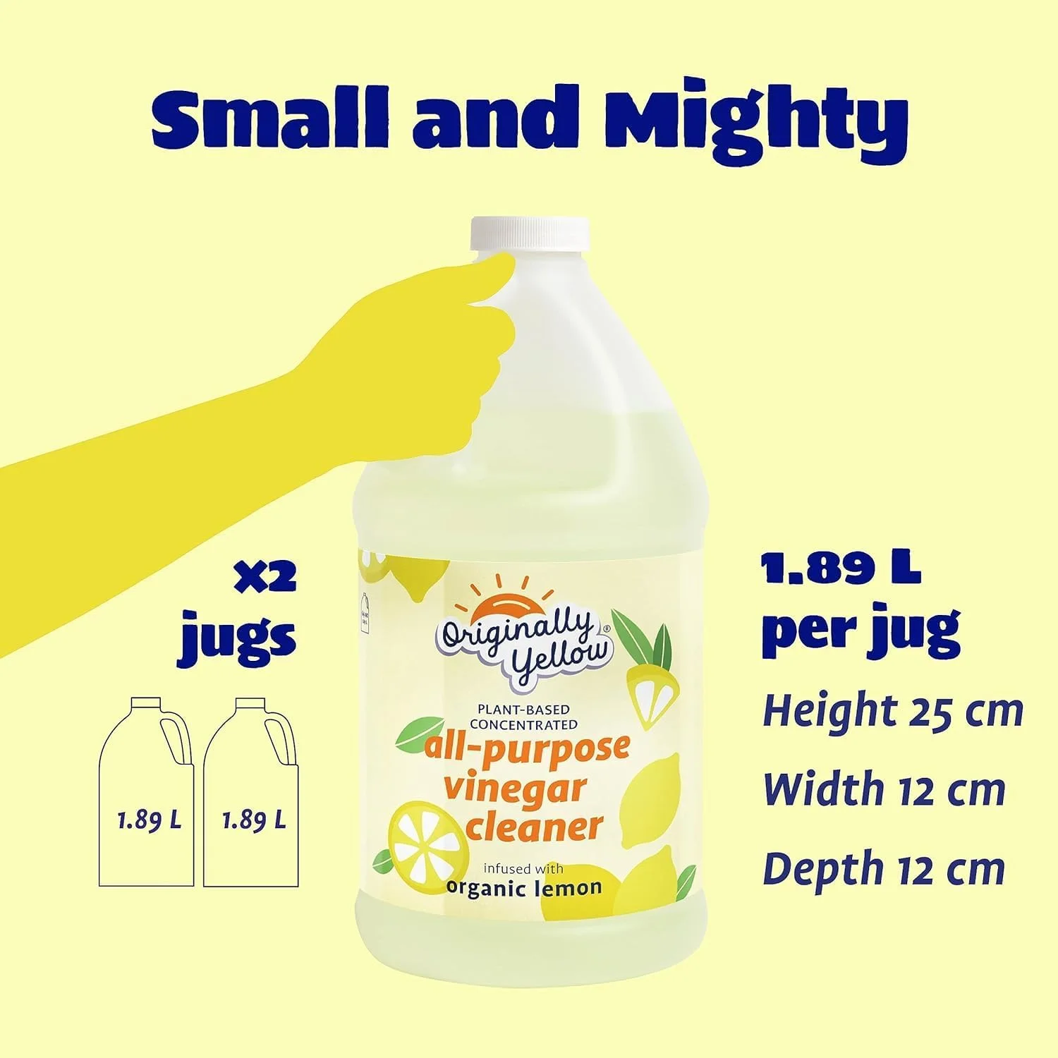 سرکه پاک کننده چند منظوره Originally Yellow برای محلول تمیز کننده کف خانه با سرکه مقطر | غنی شده با لیمو ارگانیک | لوازم تمیز کننده خانه گیاهی، 1.89 لیتر (2 بسته)