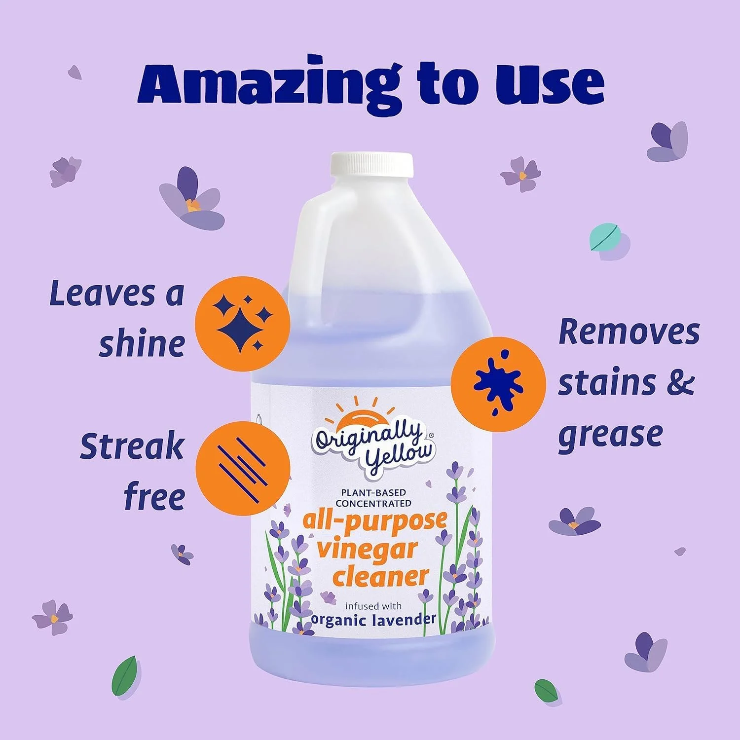 سرکه تمیز کننده چند منظوره Originally Yellow برای محلول تمیز کردن کف خانه با سرکه مقطر | غنی شده با لیمو و اسطوخودوس ارگانیک | لوازم تمیز کننده خانگی گیاهی، 1.89 لیتر (2 عددی)